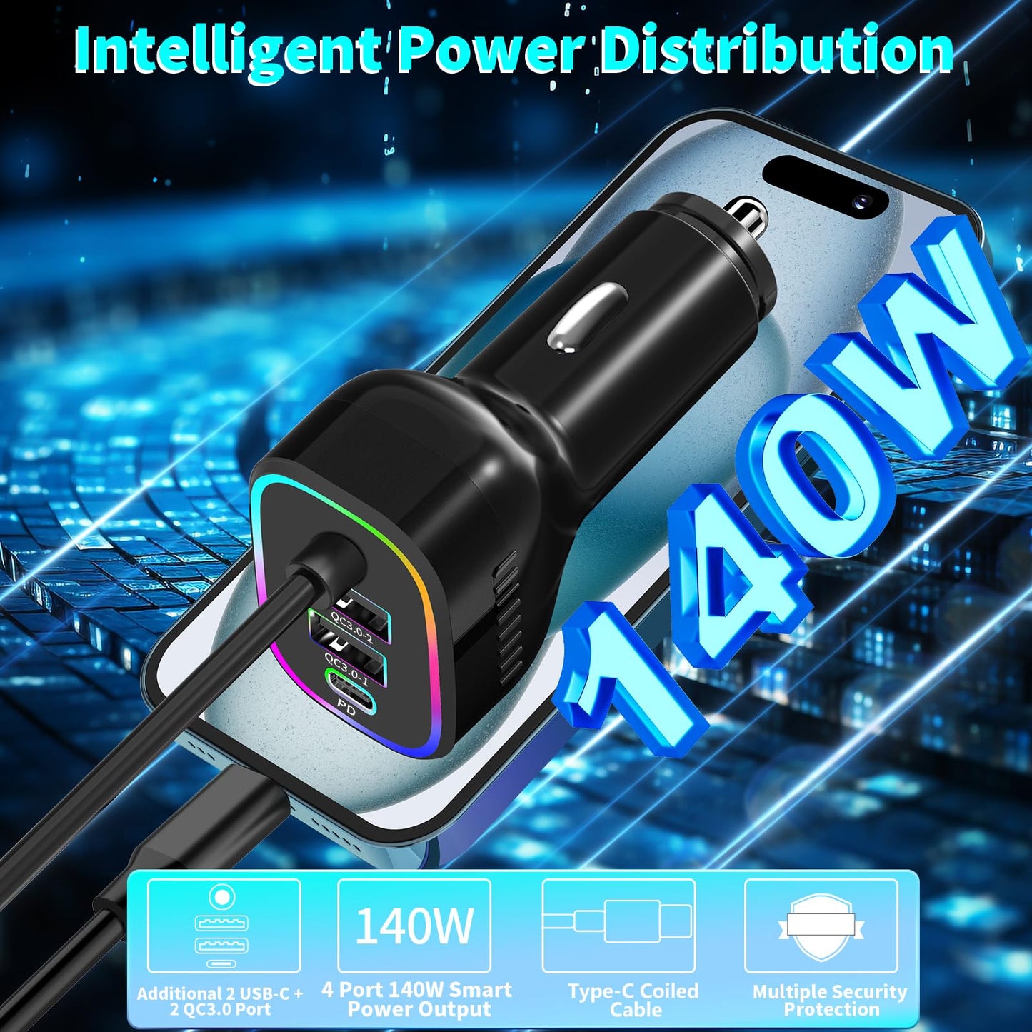 140W USB-C Car Charger with 4 Ports