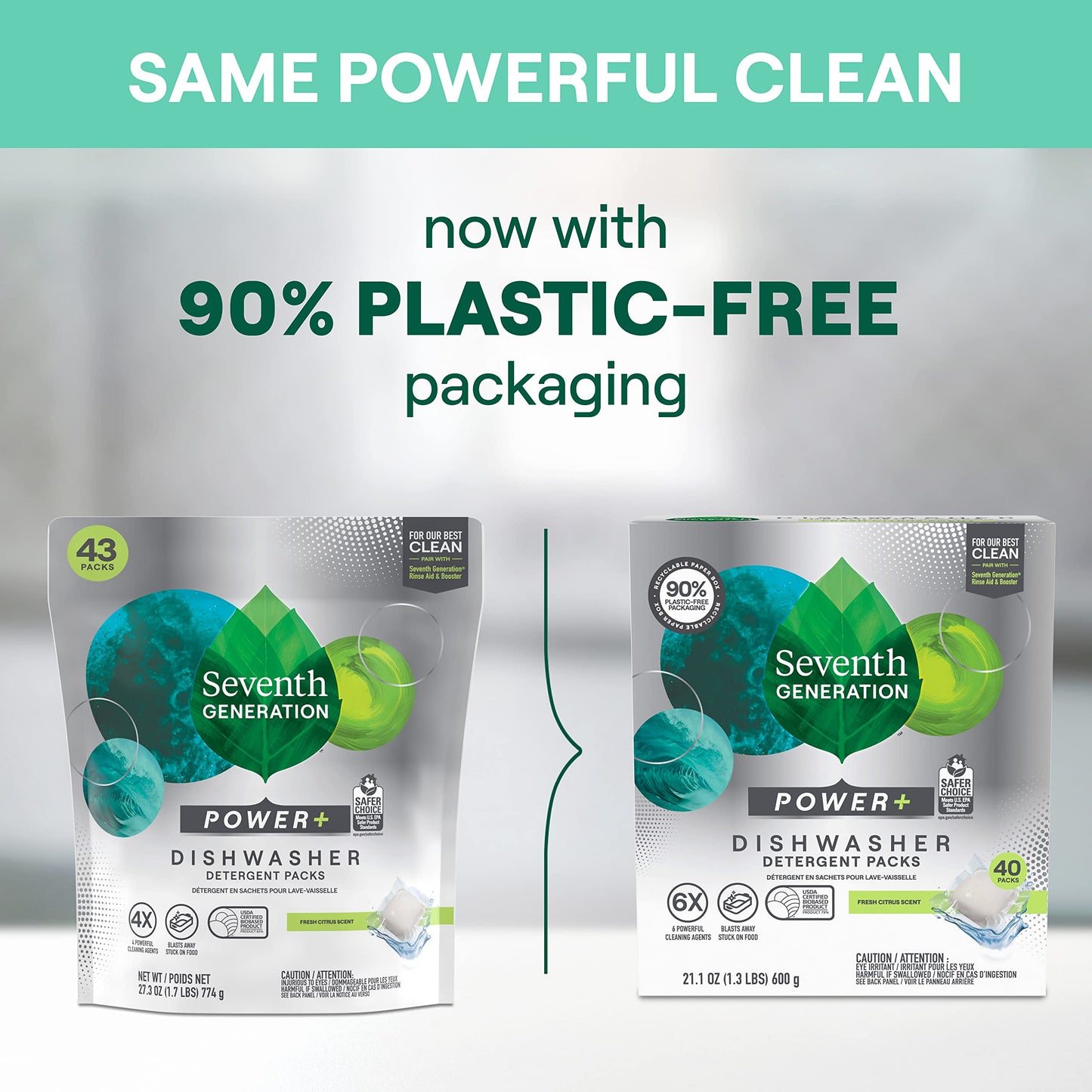 Seventh Generation Power Plus Dishwasher Detergent Packs Fresh Citrus scent for sparkling dishes Dishwasher tabs, 40 Count (Pack of 5)