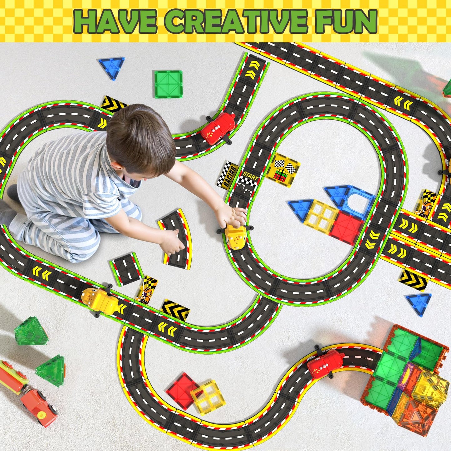 Dinosaur Magnetic Tiles with Race Track Cars