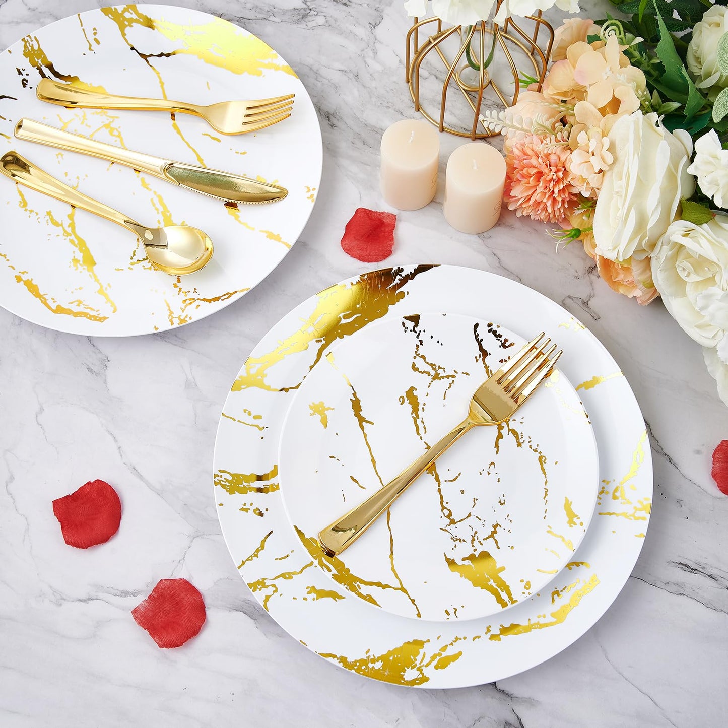 JOLLY PARTY 180PCS Disposable Dinnerware Set 30 Guest, 60 White and Gold Plastic Plates, 30 Plastic Silverware, 30 Plastic Cups, Marble Design Dinnerware for Wedding and Parties