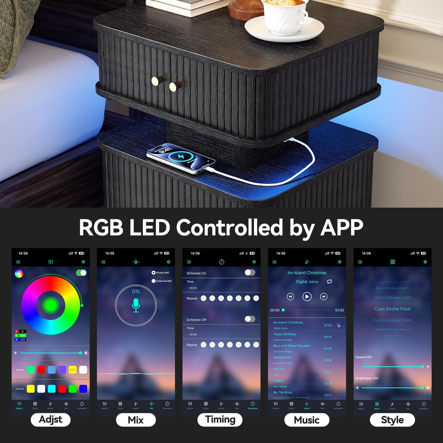 LED Nightstand with Charging Station and Drawers