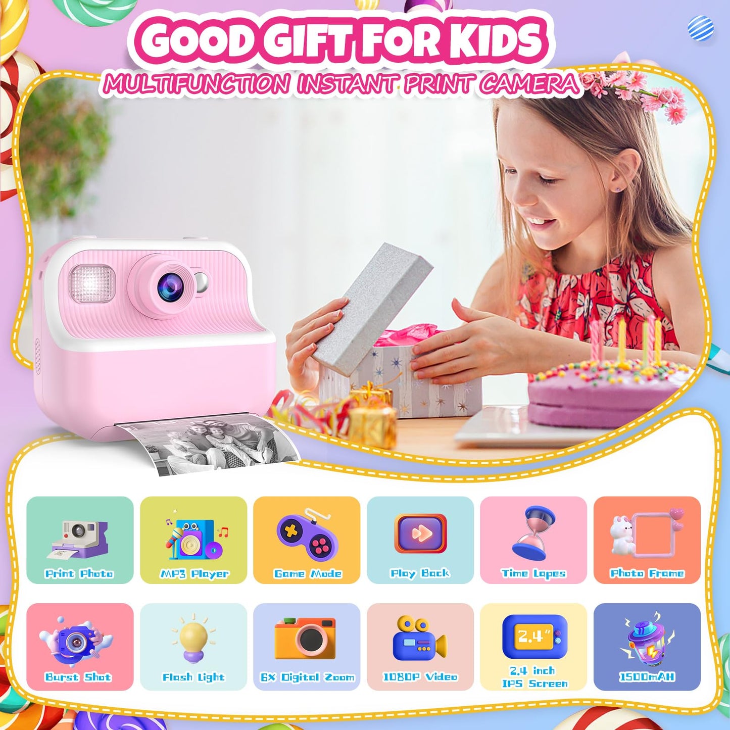 Kids Camera Instant Print Toys Toddler Cameras Printing Photos - 1080P Video Cameras - 12Mp Children Digital Selfie Camera Gift for Girls Boys Age 3-12 with 32GB SD Card (Pink)