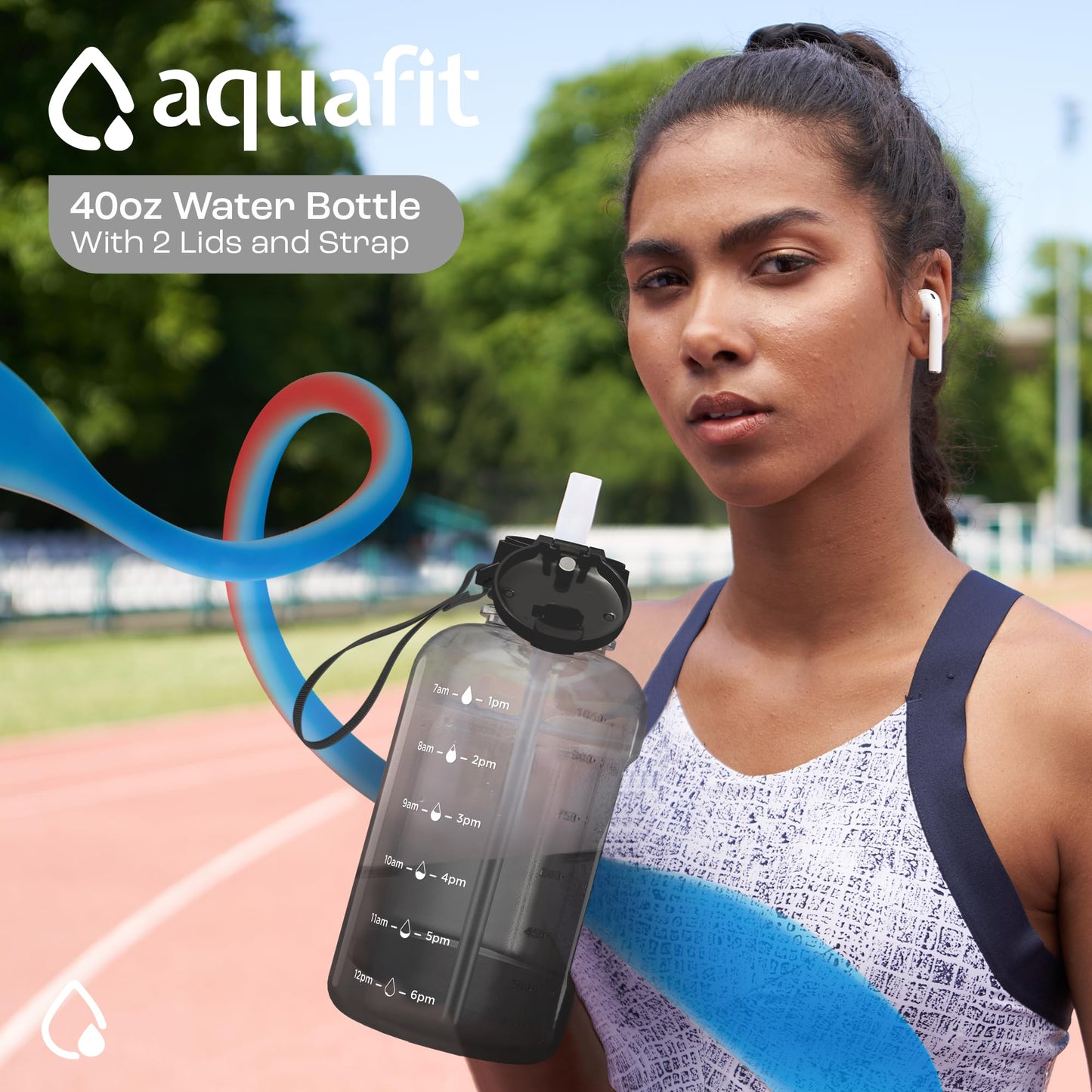 AQUAFIT 40 oz Water Bottle With Time Marker - 40 oz Water Bottle With Straw - Gym Water Bottle With Strap, Big Water Bottle with Handle, Reusable Water Bottles With Straw Bike Water Bottles (Midnight)