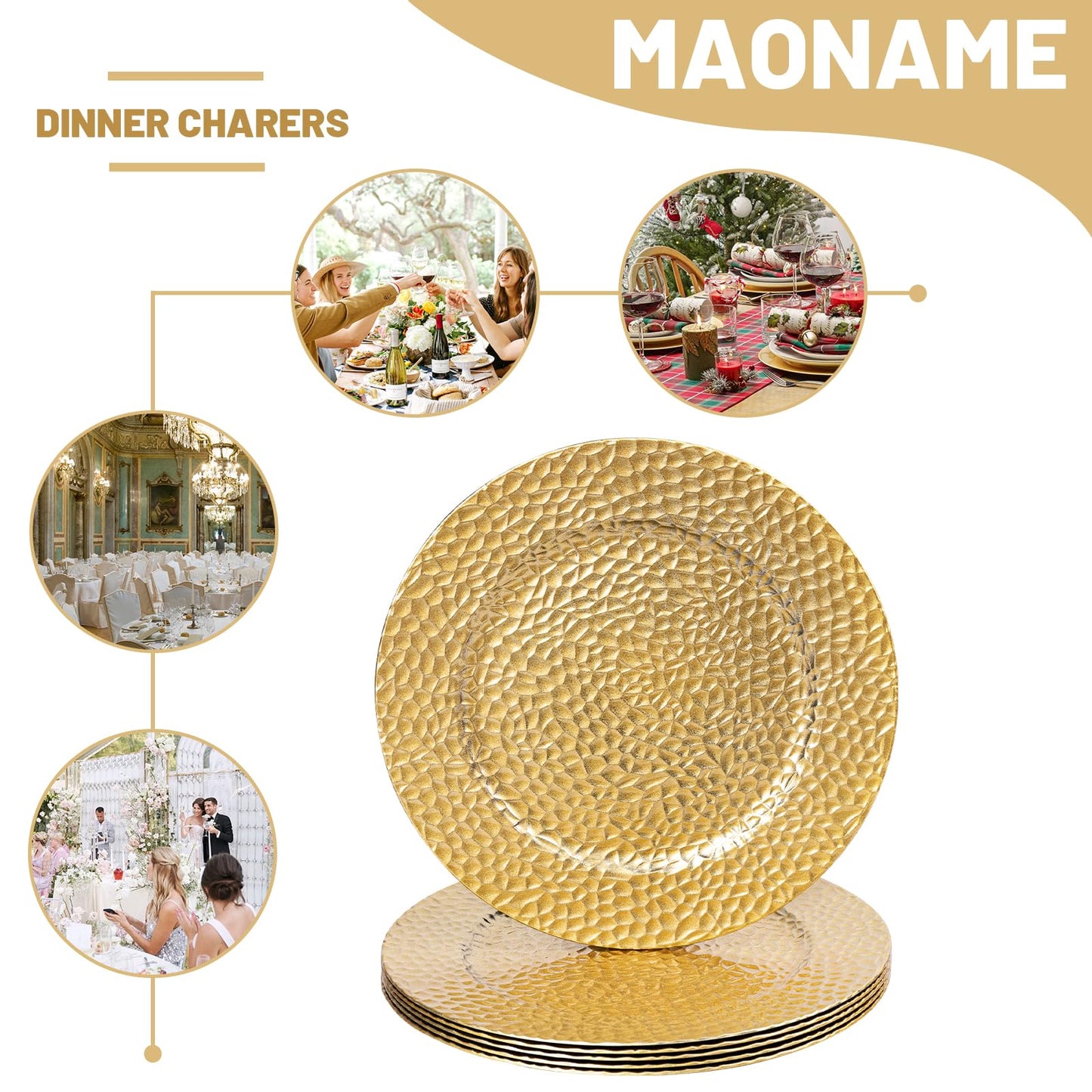 MAONAME Gold Charger Plates, Set of 6, 13" Round Charger Plates, Decorative Chargers for Dinner Plates, Plastic Plate Chargers for Dinner Plates