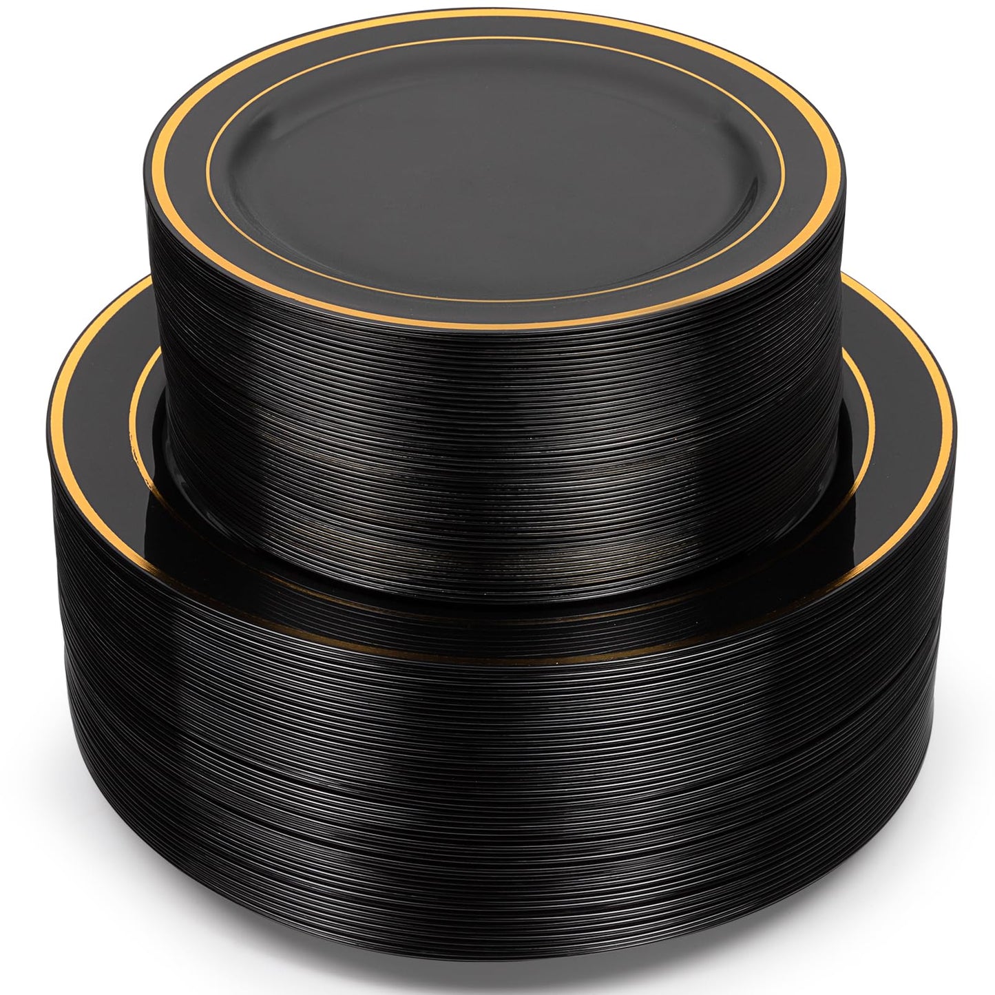 Homy Feel 100PCS Round Black Plastic Plates with Gold Rim Includes:50 Dessert Plates 7.5" Plates And 50 Dinner Plates 10.25" Plates Disposable Plates For Party Supplies