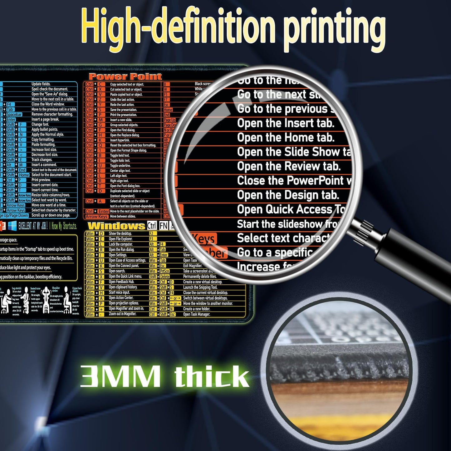 Large Waterproof Mouse Pad with Keyboard Shortcuts