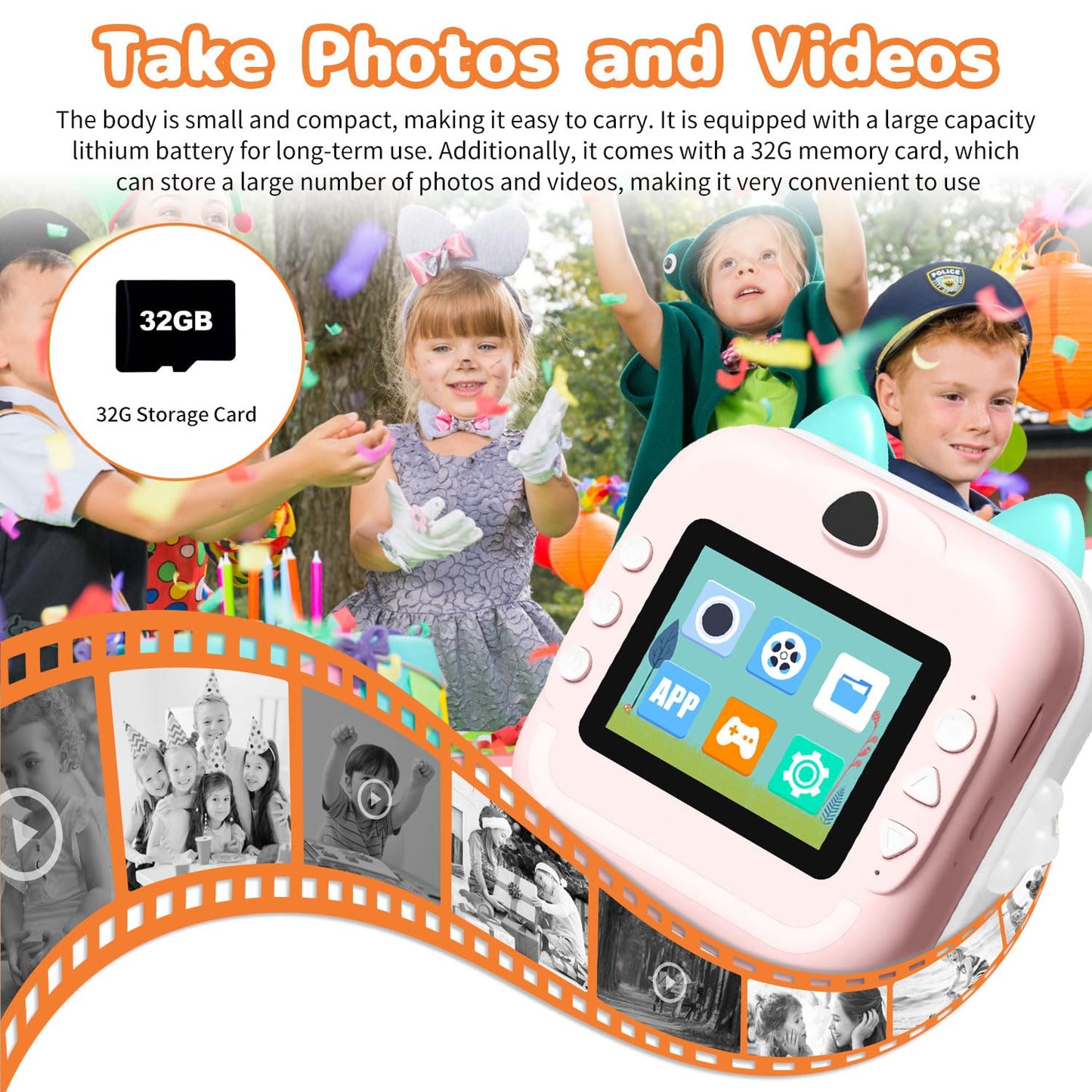 Instant Print Camera for Kids, Christmas Birthday Gifts for Girls Boys, Selfie Digital Camera with 1080P Videos, Portable Travel Camera Toy for 6+ Years Old Girl with Print Paper & 32G Card