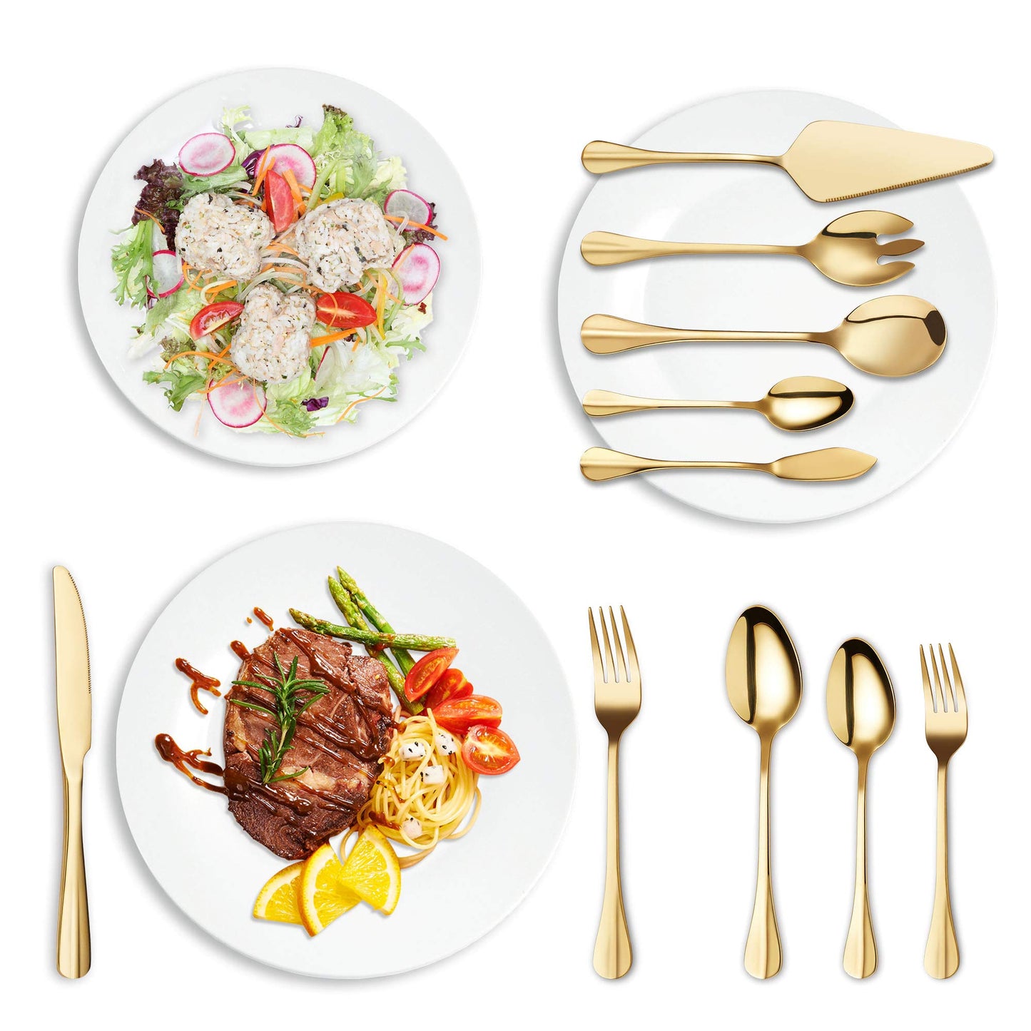 Gold Silverware Flatware Set, HF HOFTEN 45-Piece Stainless Steel Durable Cutlery Serving Set, Service for 8, Modern Elegant Design for Home/Hotel/Restaurant, Mirror Polished & Dishwasher Safe