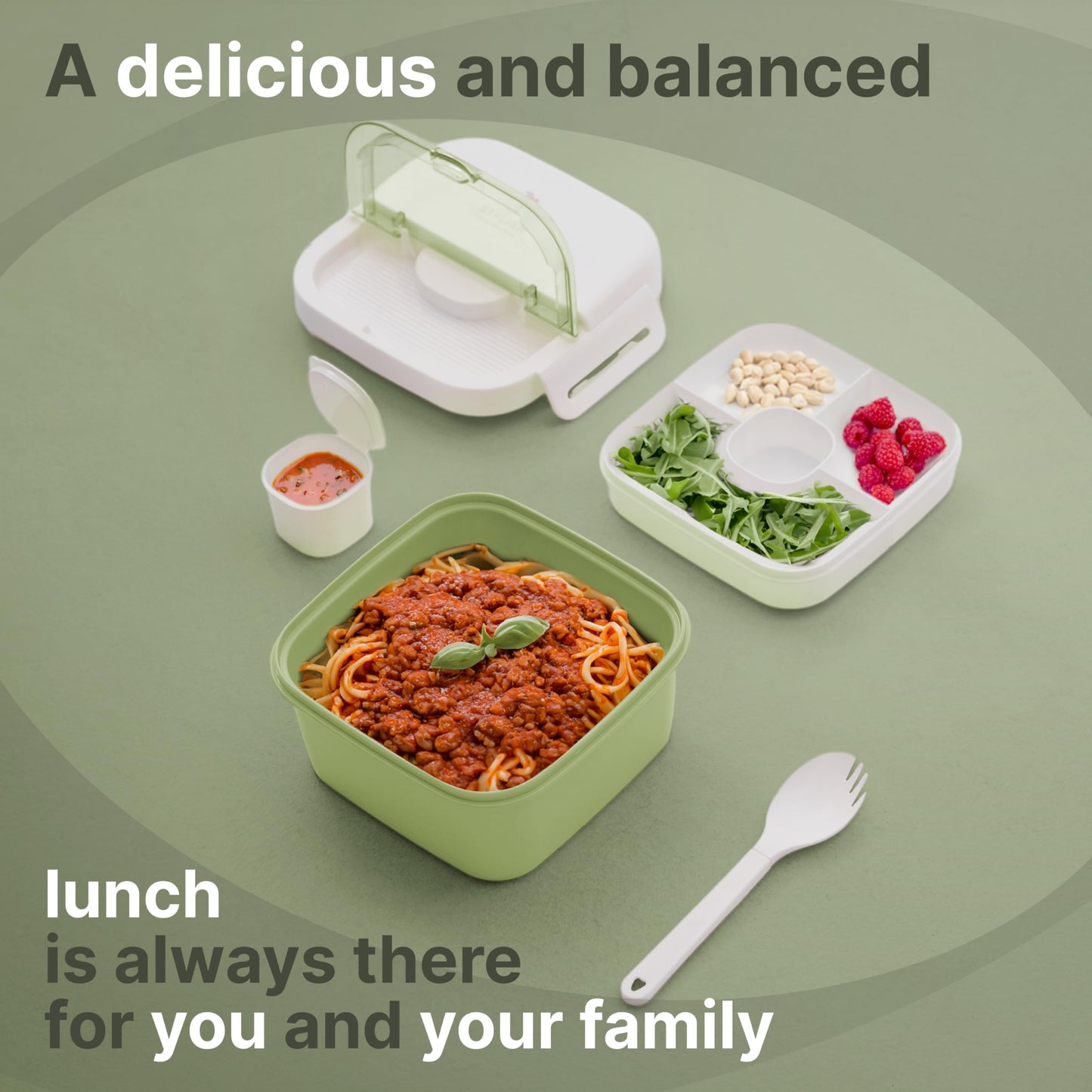 Earth&ME Bento Lunch Box For Kids Adults, 1100 Ml Lunch Box Container With 2 Floors 3 Compartments, Leak-proof Sauce Container, Spork, Bento Box For School Office Travel, Green