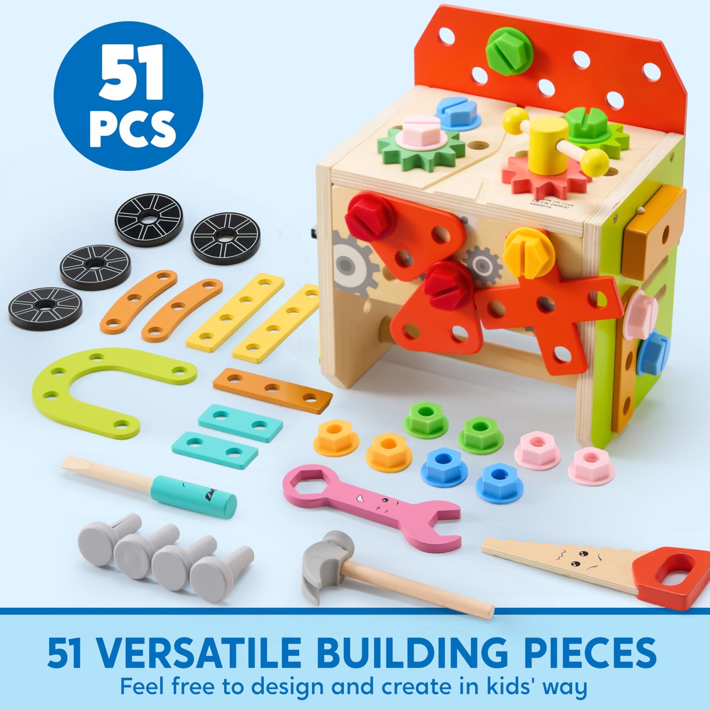 SYNCFUN 51 PCS Kids Wooden Tool Set
