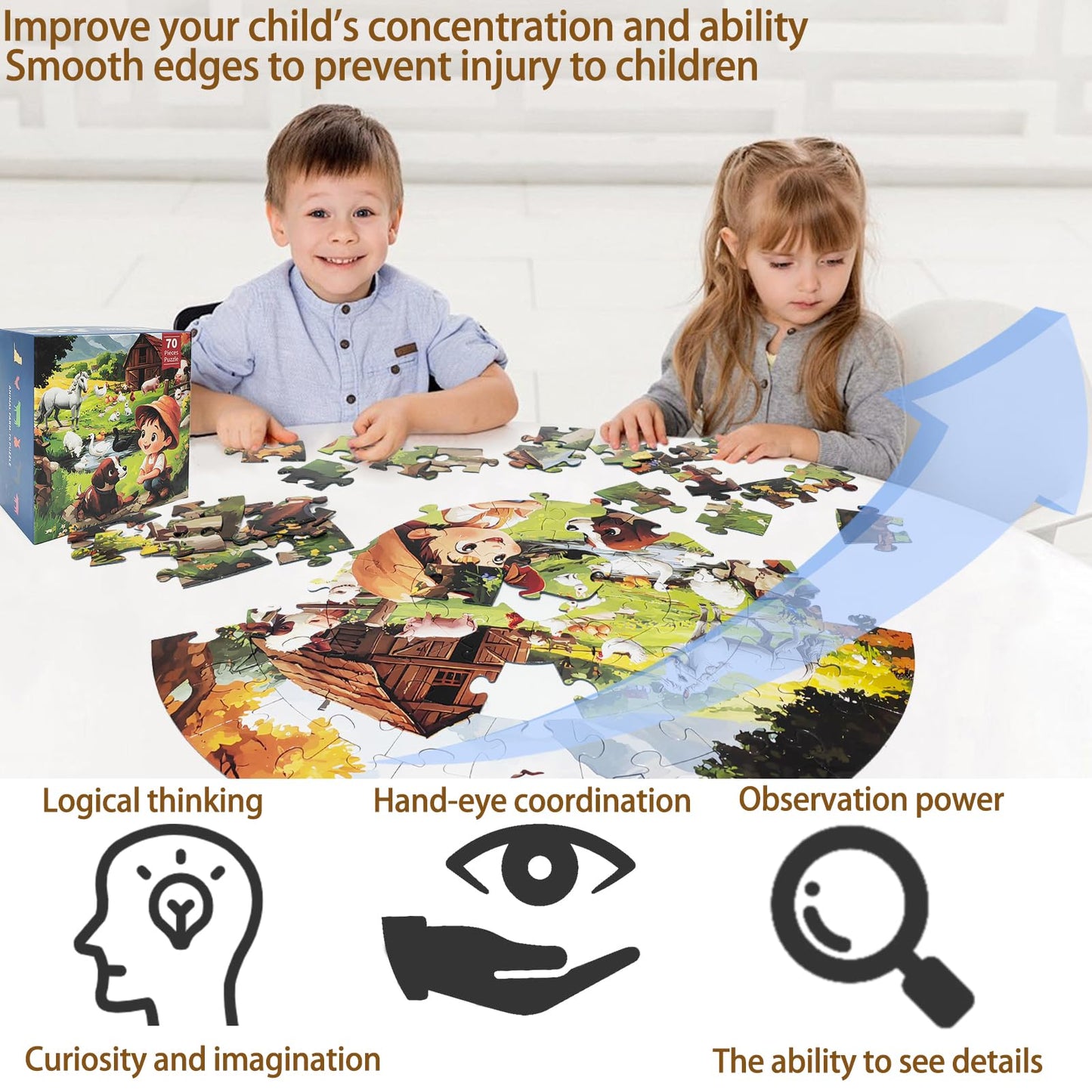 70-Piece Farm Floor Puzzle for Kids Ages 3-8