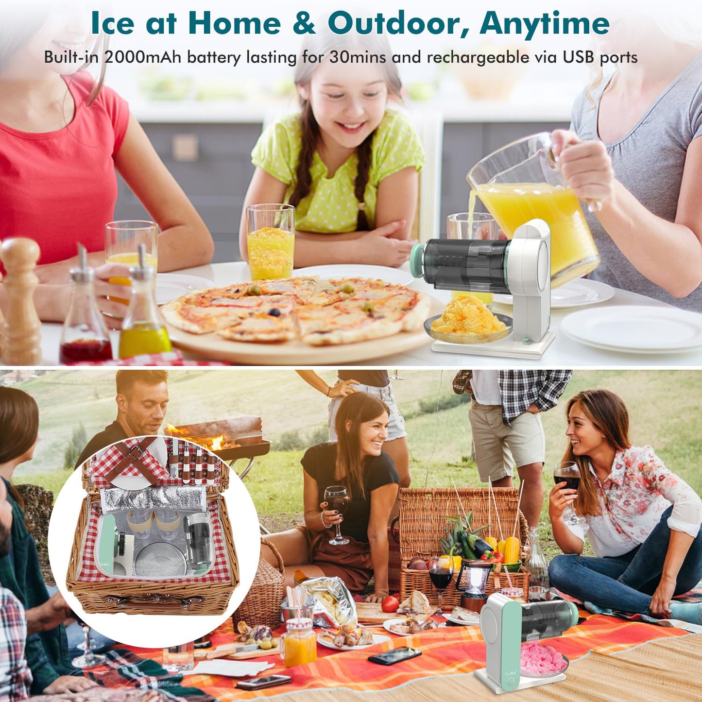 Electric Snow Cone Shaved Ice Machine, USB Rechargeable Ice Crusher w/ 2 Silicone Ice Molds, Portable Snow Cone Shaved Ice Maker for Frozen Yogurt Syrups Drink Slushies Machines for Home Outdoor Party