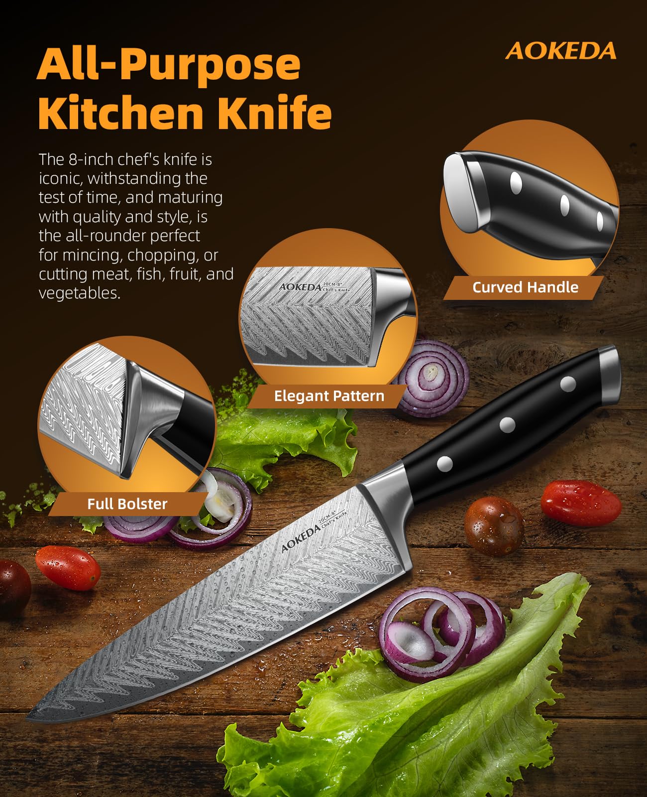 AOKEDA Chef Knife, 8 Inch Professional Kitchen Knife Made of German High Carbon Stainless Steel with Ergonomic Handle