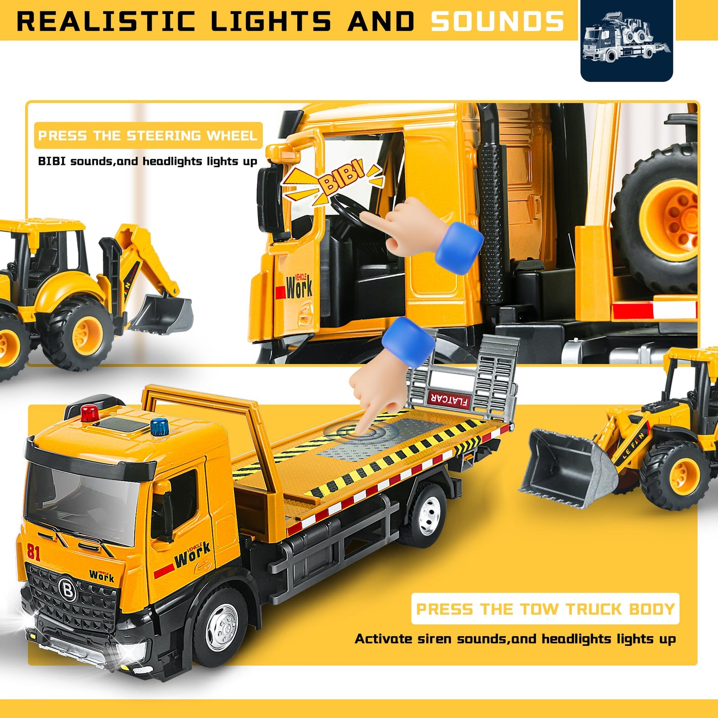 Metal Tow Truck Toy with Friction & Lights