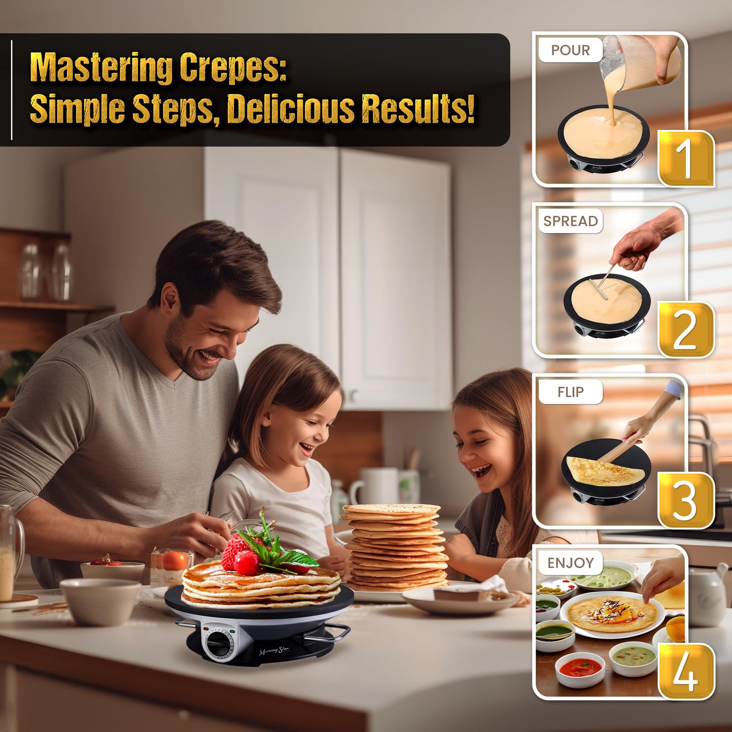 Morning Star 13" Electric Crepe Maker - Easy usage with Temperature Knob, Portable, Non Stick - Perfect for Gifting, Pancake, Quesadilla, Roti, Omelette(Standard) (Standard) (Pancake Maker)