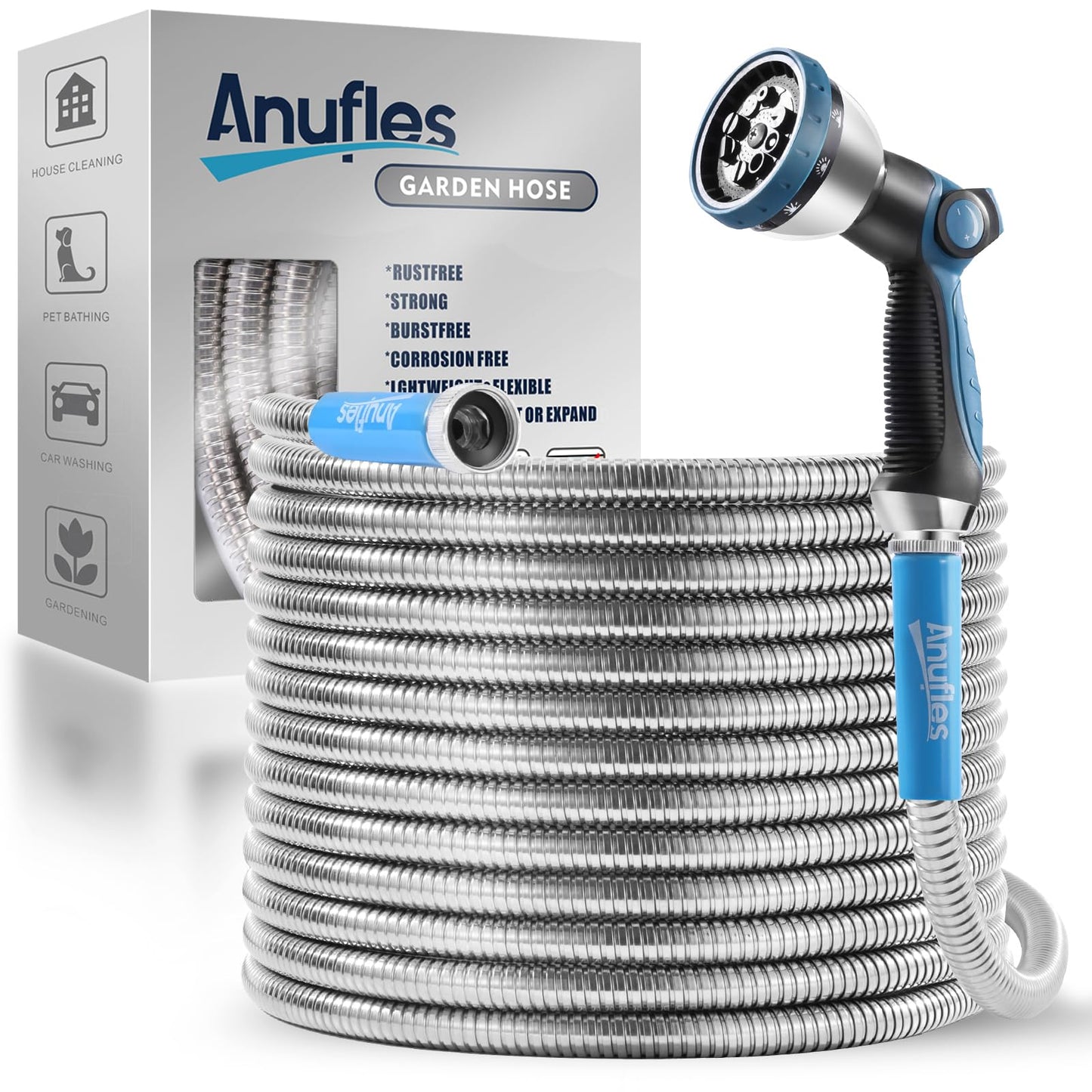 50FT Metal Garden Hose with Nozzle