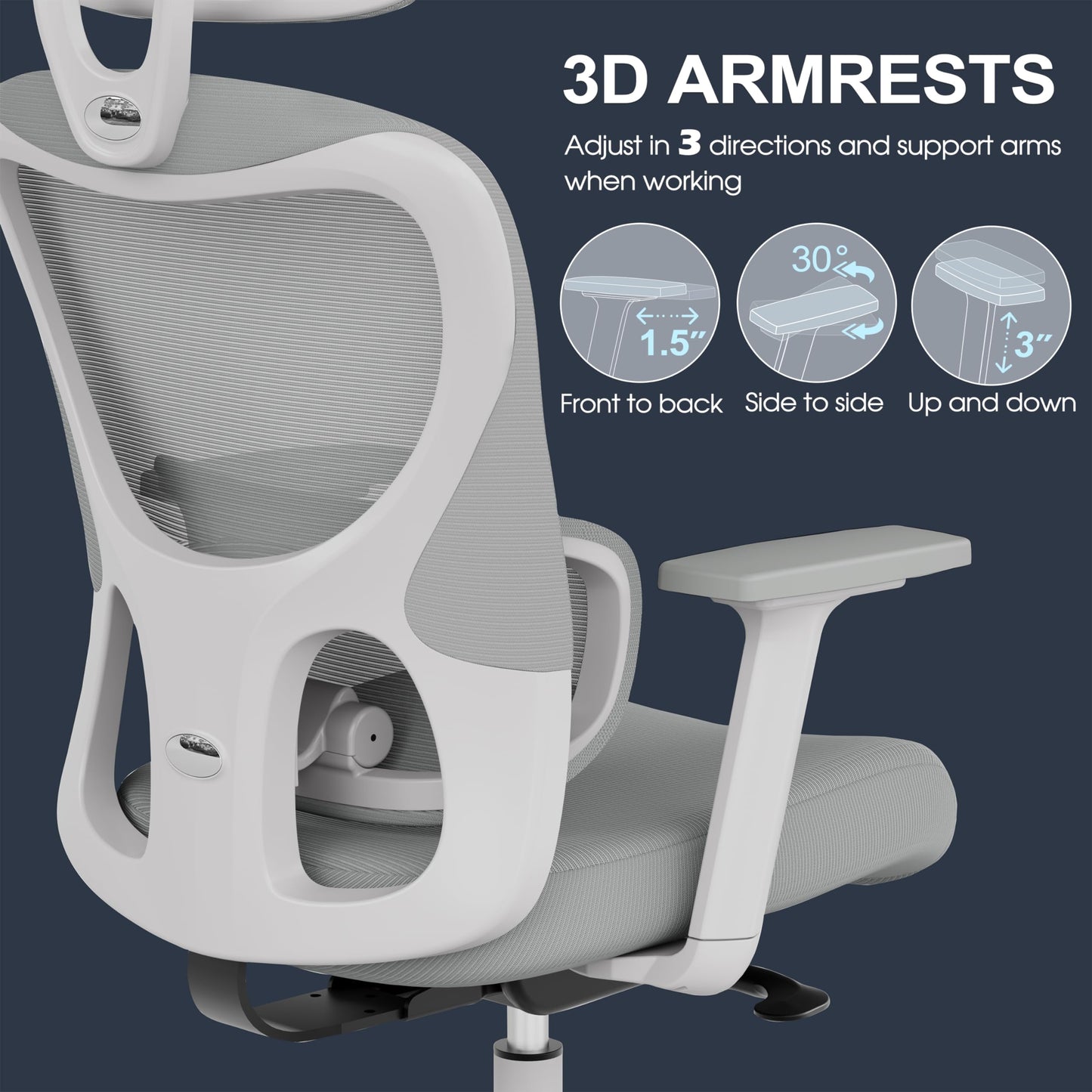 GABRYLLY Office Chair, Ergonomic Desk Chair with Adjustable Lumbar Support, 3D Armrest, Headrest, 4-Level Tilt Back, Home Mesh Chair with Wide Cushion Seat & PU Wheels for Adult Student