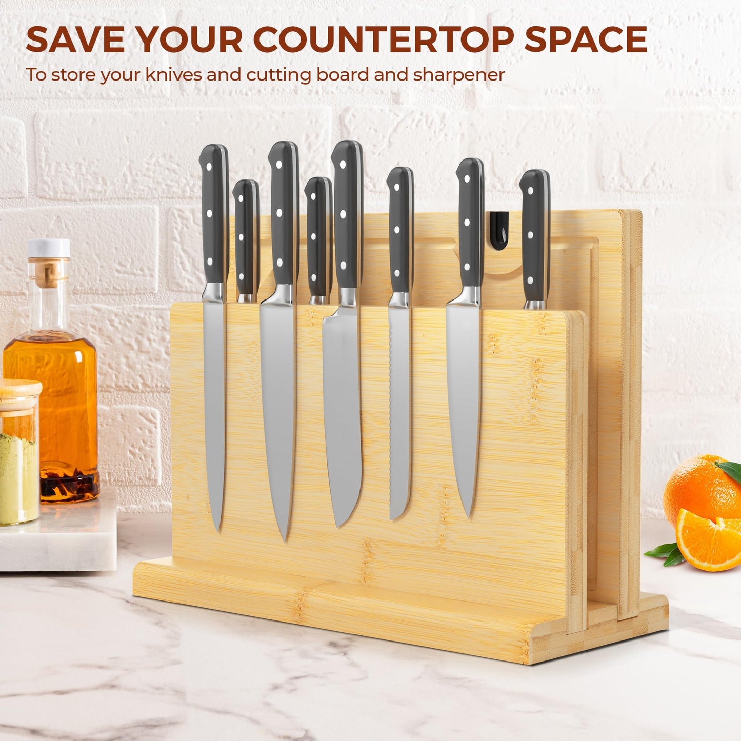Magnetic Knife Block for up to 16 x 9″ Knives - Powerful Double-Sided Bamboo Magnetic Knife Holder with Cutting Board with Knife Sharpener, Easy-Access Kitchen Knife Storage - Supplied Without Knives