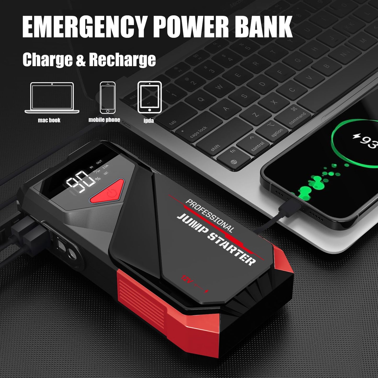 2500A PowQ Car Jump Starter with Flashlight