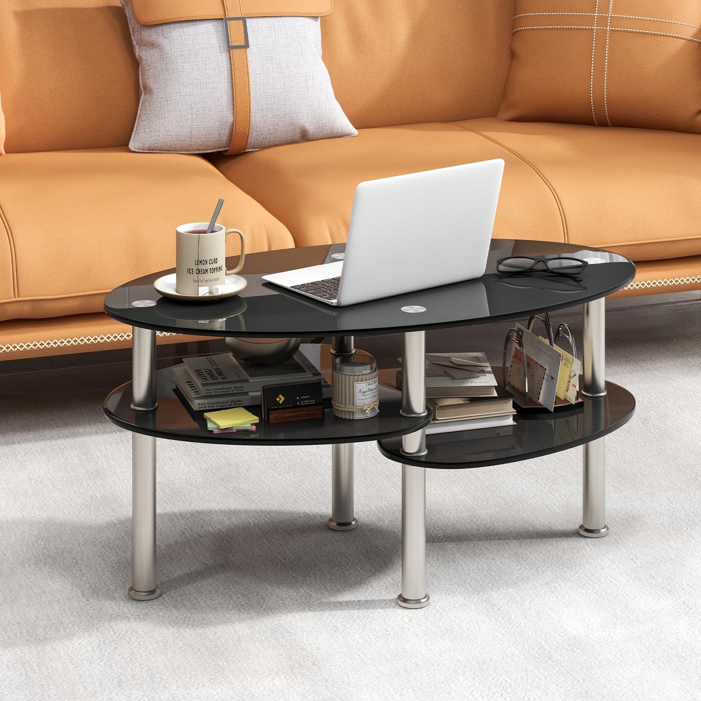 Giantex Oval Glass Coffee Table with Chrome Legs