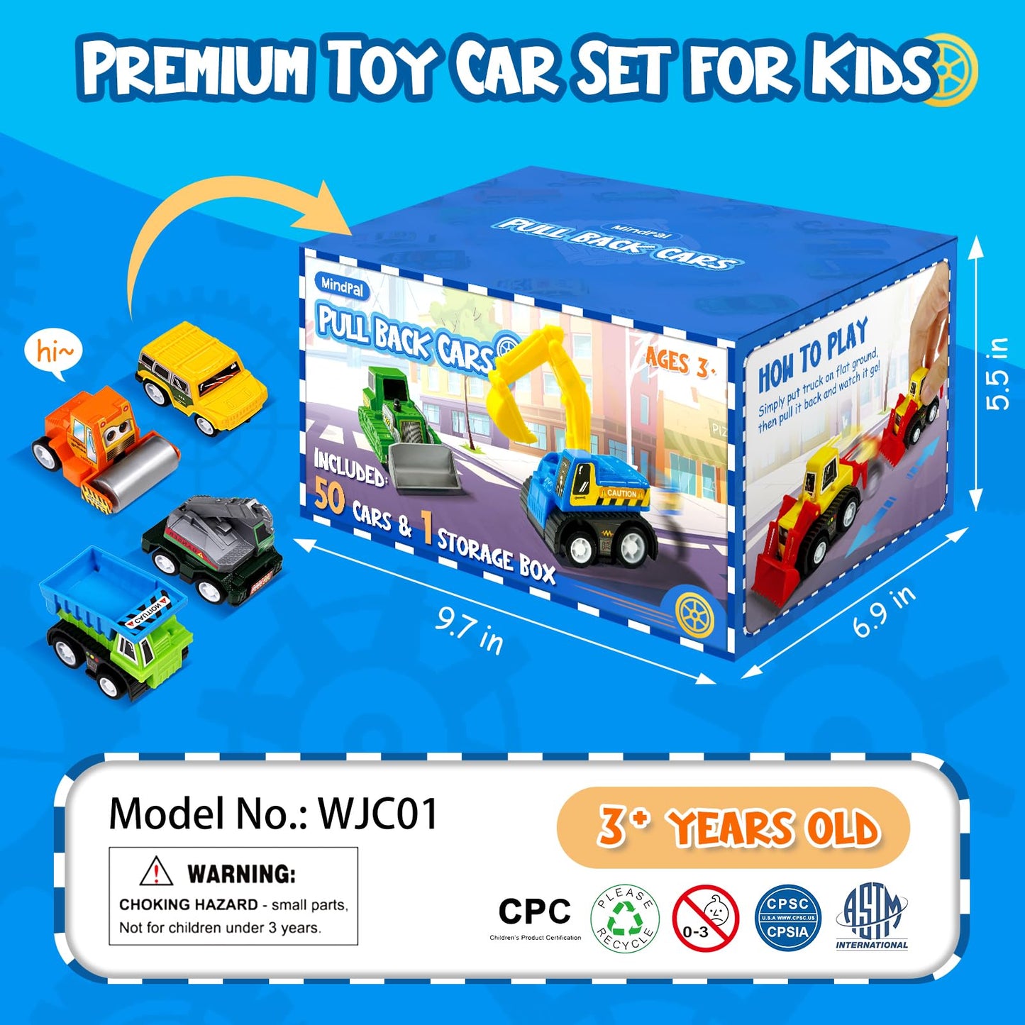 MindPal 50 Pcs Pull Back Toy Cars Set