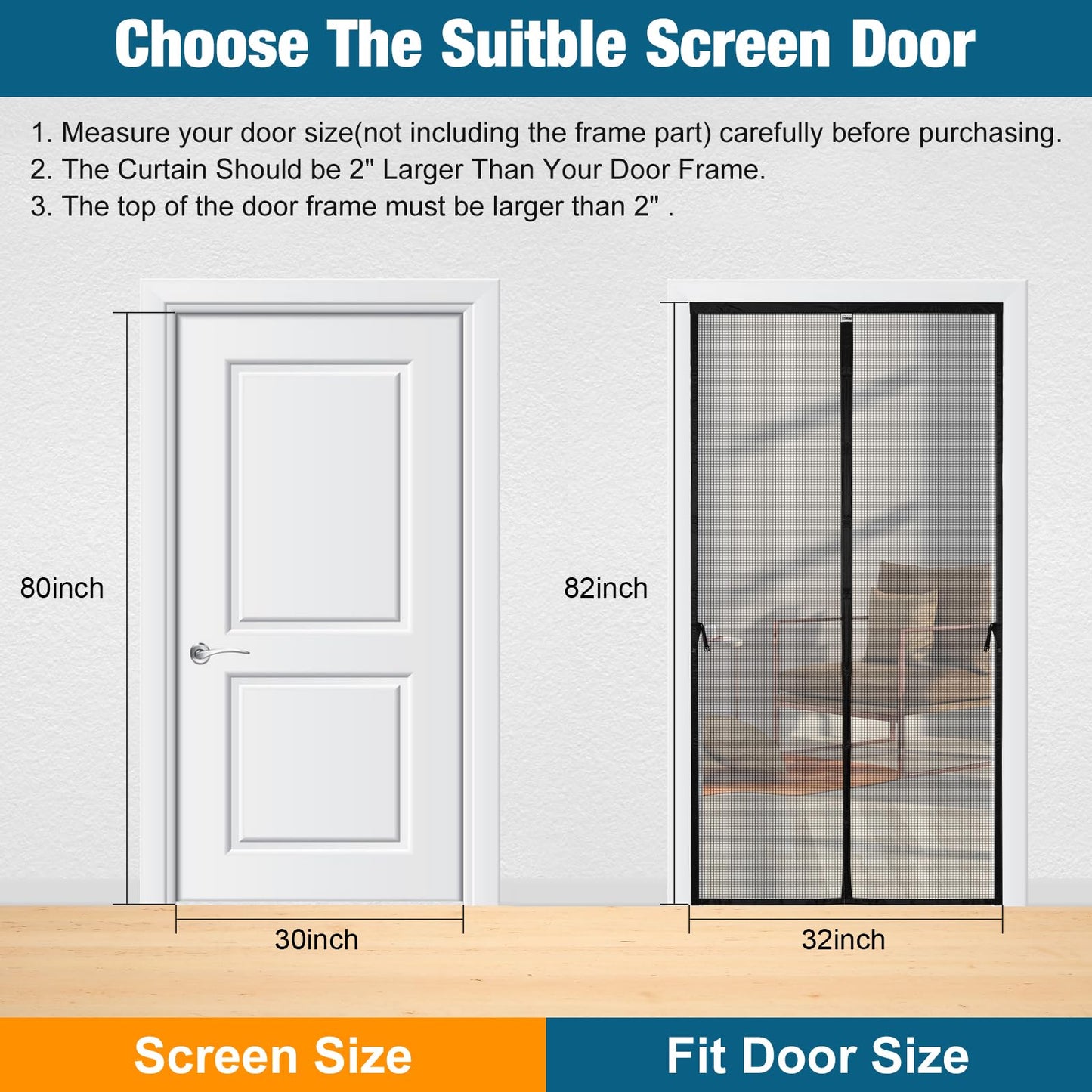 Aystkniet Upgraded Magnetic Screen Door for 30 x 80 Inch Door with 20cm Long Magnet, Reinforced Fiberglass Door Mesh for Front/French and Patio Doors, with Keep Open Strap, Self-Sealing, Hands-Free