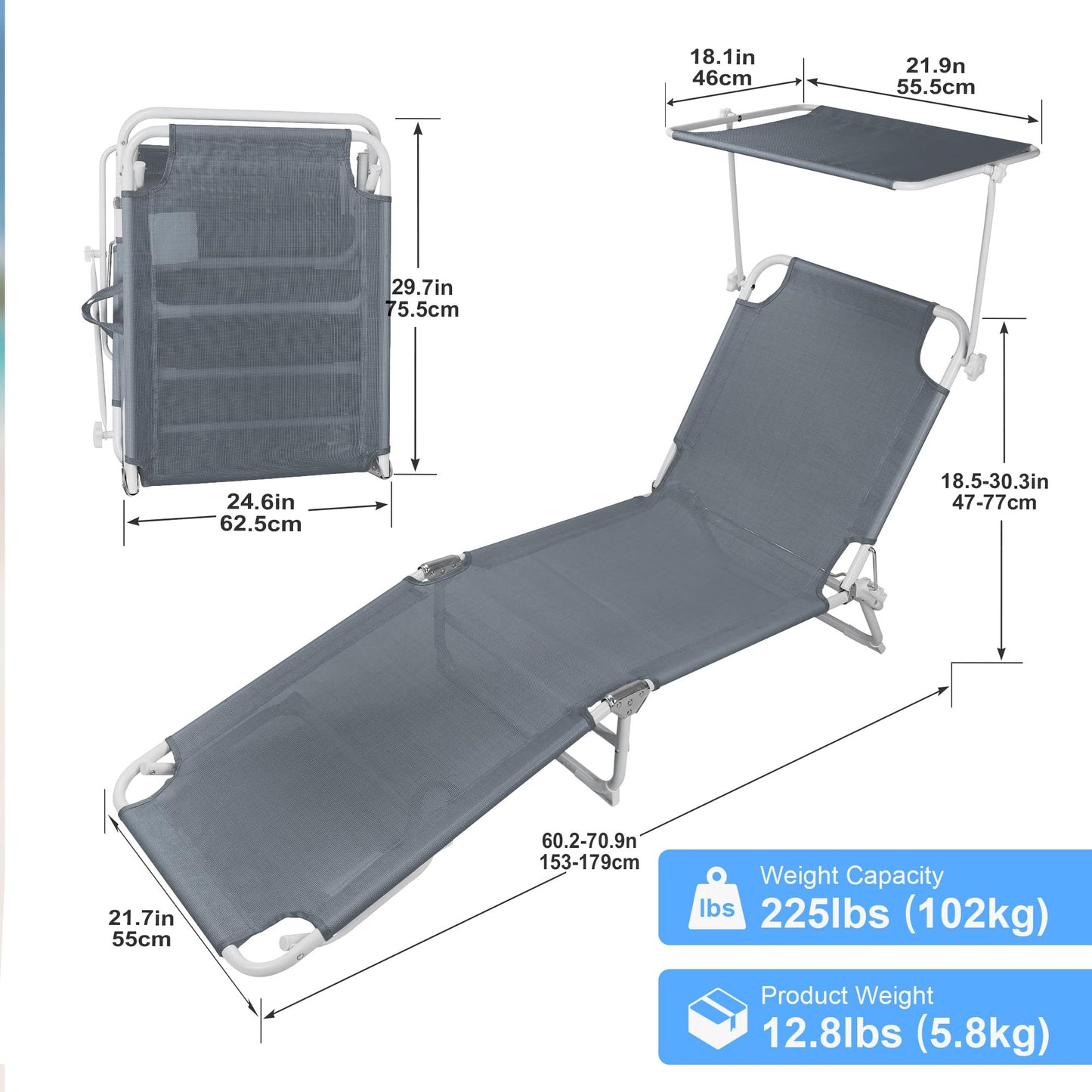 CAMPHILL Foldable Chaise Lounge Chair with 360° Canopy Sunshade, Portable Beach Sunbathing Lay Flat Reclining Tanning Chair Adjustable 4-Position for Outside Patio Poolside,Beach