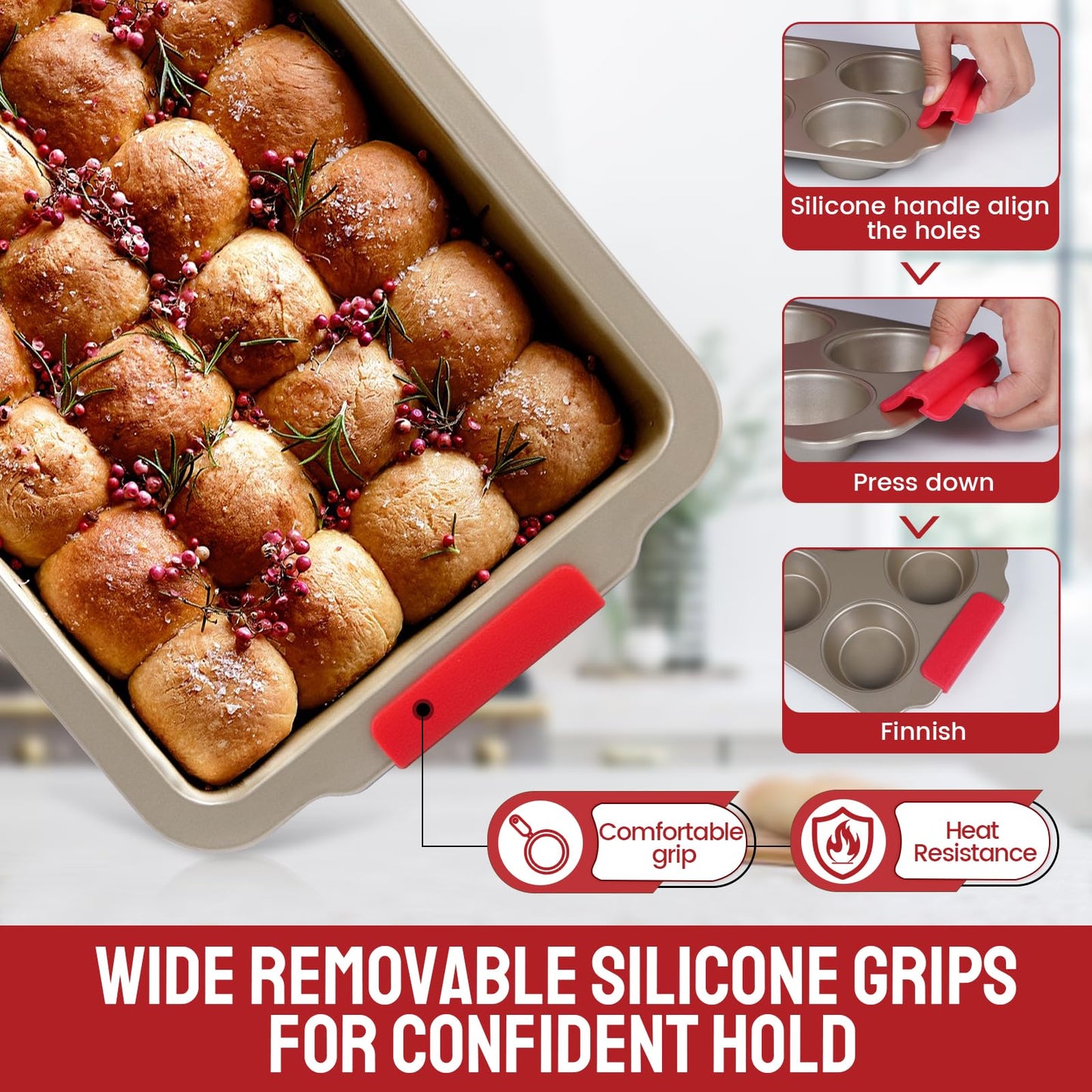 DELUXE Bakeware Sets, Baking Pans Set, Nonstick Oven Pan for Kitchen wth Wider Grips, 9 Pieces Including baking Cookie Sheet, Cake Pans, Muffin Pan, Roastin Pan, Cookie Cutters-Champagne