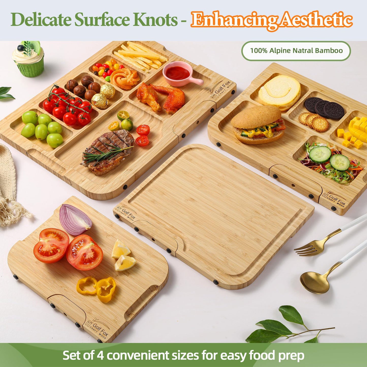 Bamboo Cutting Board Set with Stand & Juice Groove