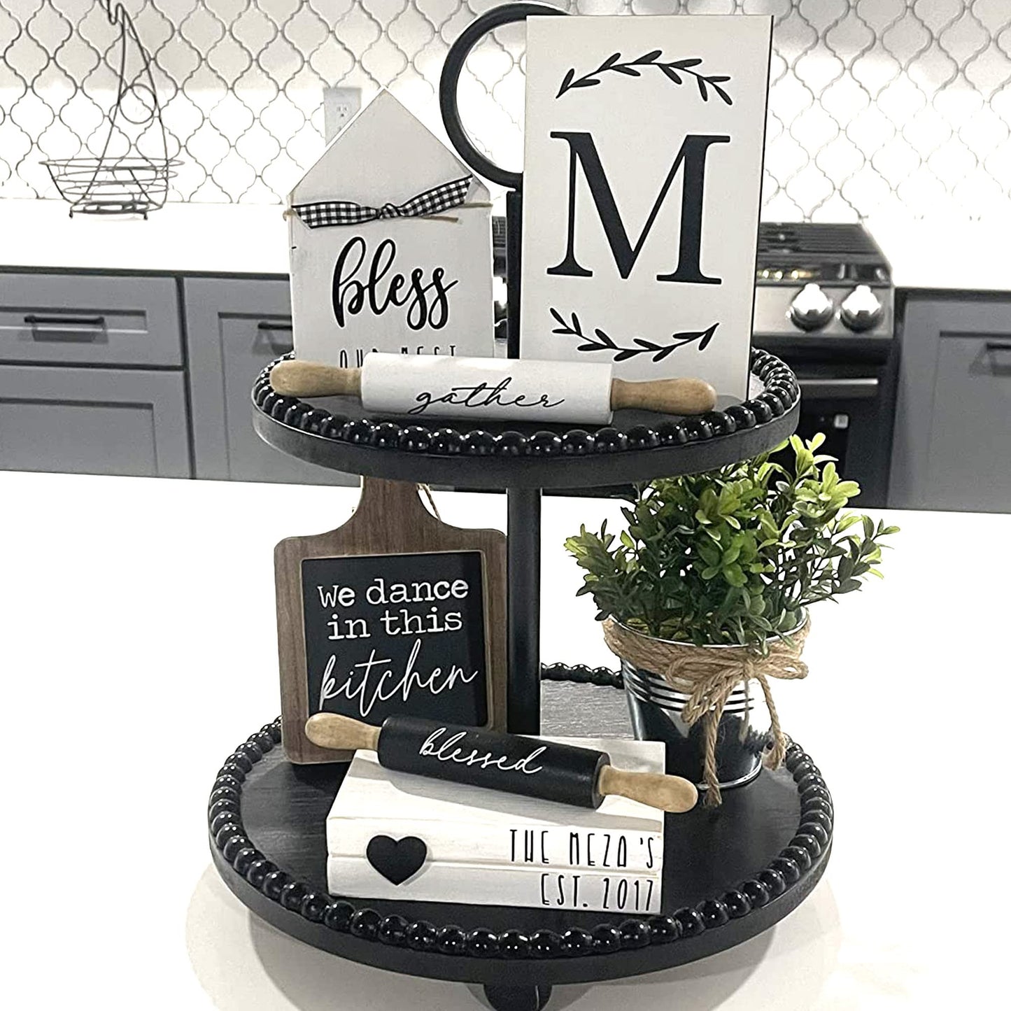 Defined Deco Black Tiered Tray,Two Tiered Decorative Serving Tray,Two Tier Cupcake Stand,2 Tiered Serving Tray Display for Coffee Bar Table Ceterpieces Rustic Farmhouse Home Decor,Kitchen Decor.