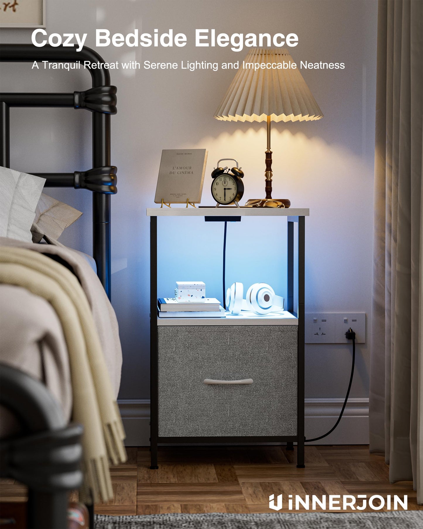 Innerjoin Side Table with Storage, LED Night Stand with A&C Charging Station, End Tables Living Room, Nightstand for Bedroom with Fabric Drawer, White/Gray