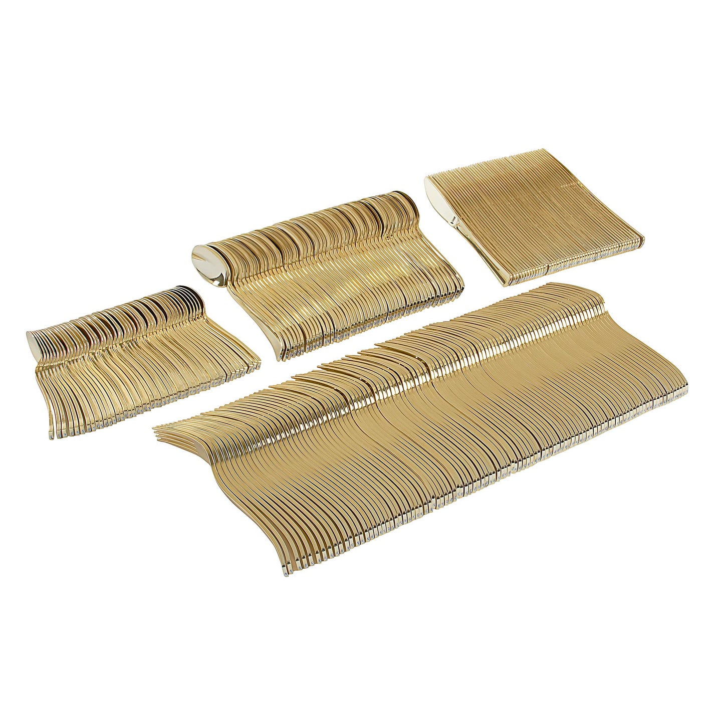250 piece gold plastic silverware set includes: 100 gold forks 50 gold knives 50 gold spoons and 50 gold mini spoons By: Select Settings