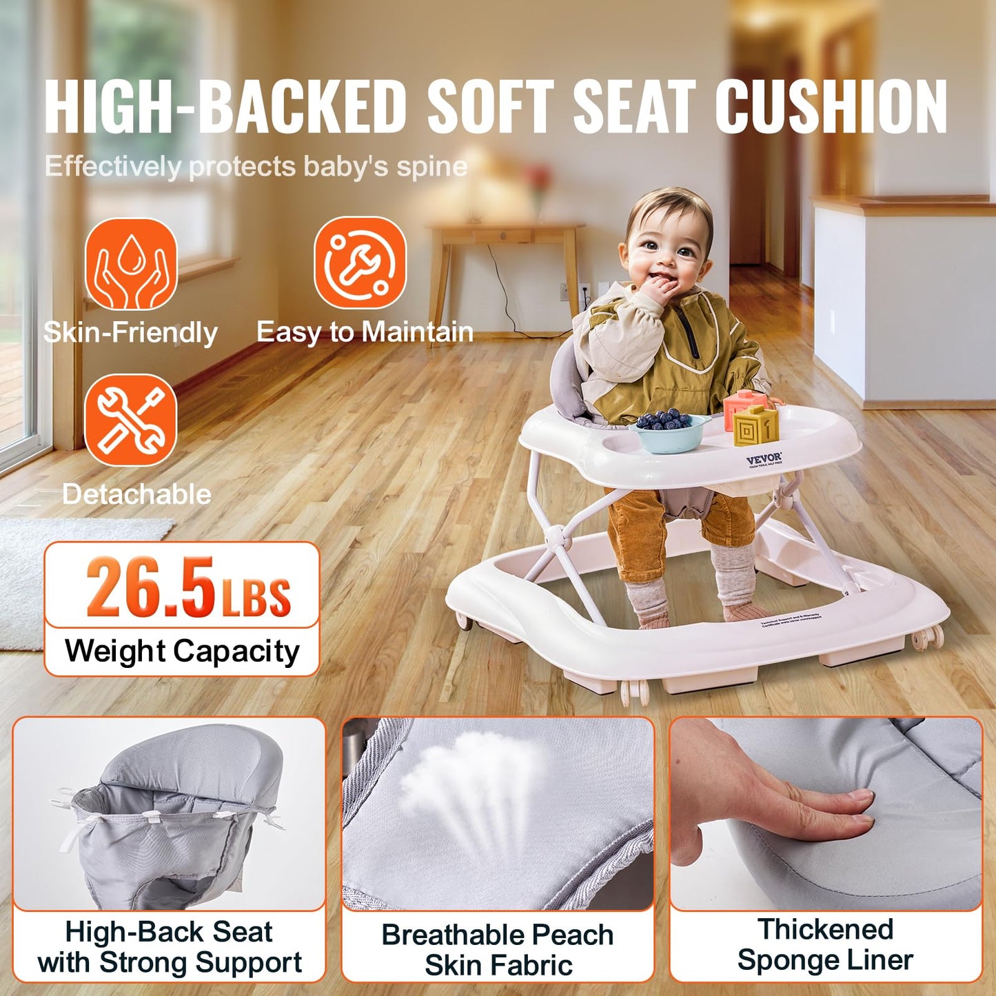 VEVOR Baby Walker, Foldable Baby Walkers with Large Feeding Tray, 3-Level Height Adjustable Toddler Infant Walker on Wheels, Anti-Rollover Activity Walker Helper for Boy Girl 6-12 Months