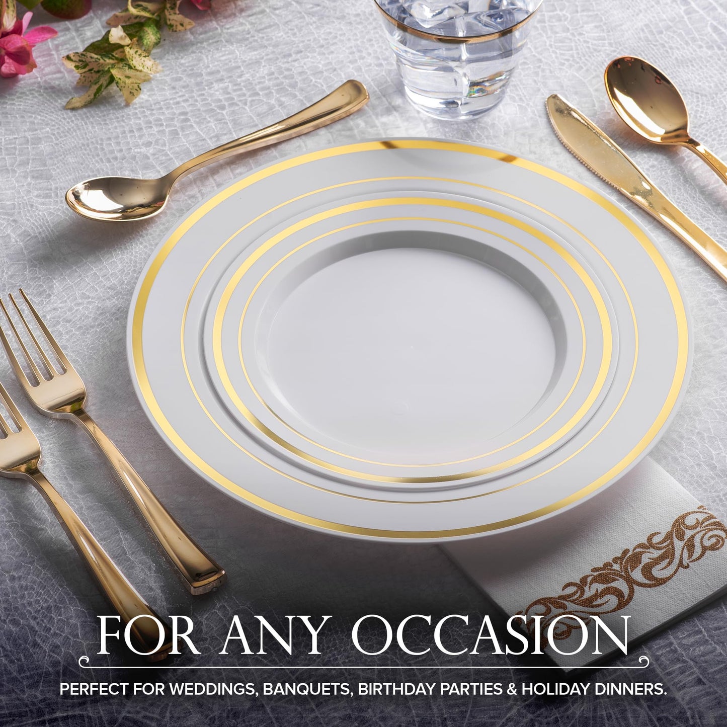 Disposable White and Gold Plates Set for Parties