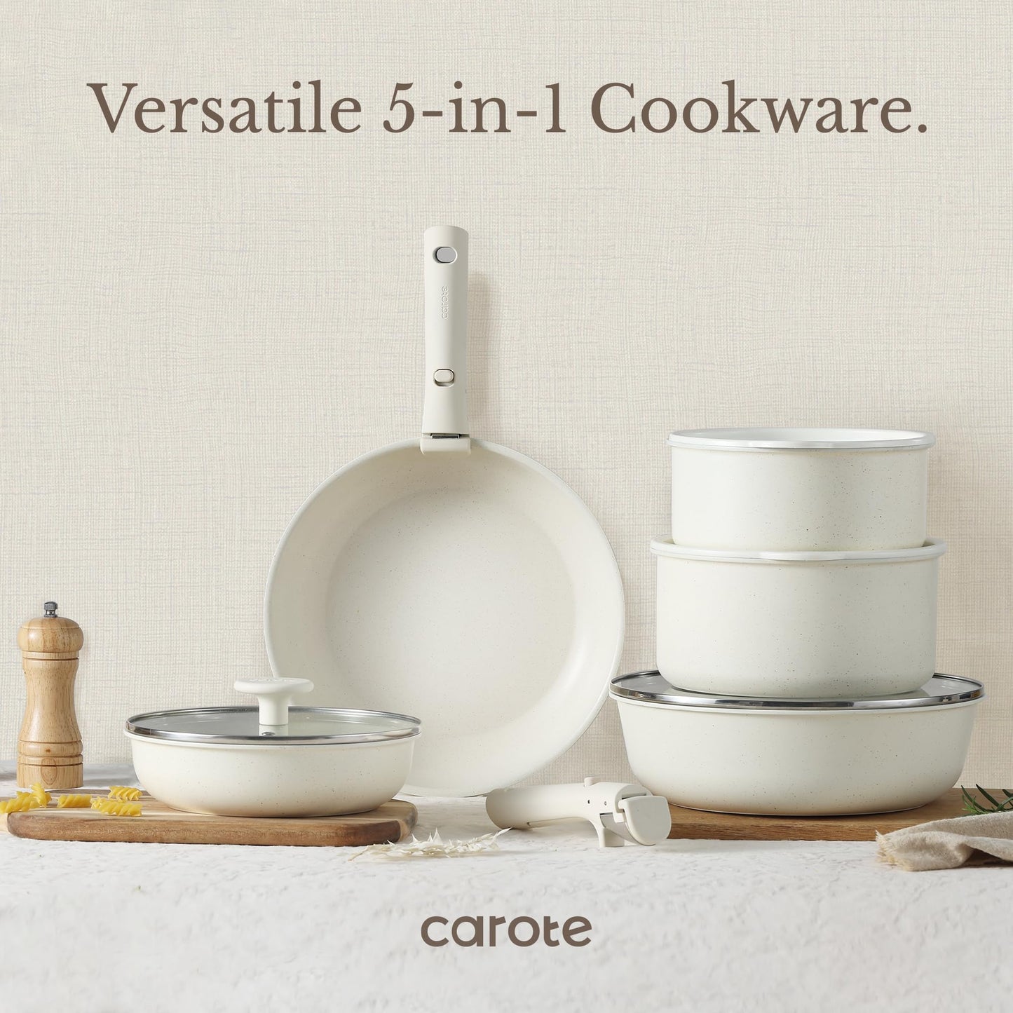 CAROTE 11pcs Nonstick Cookware Set with Detachable Handles