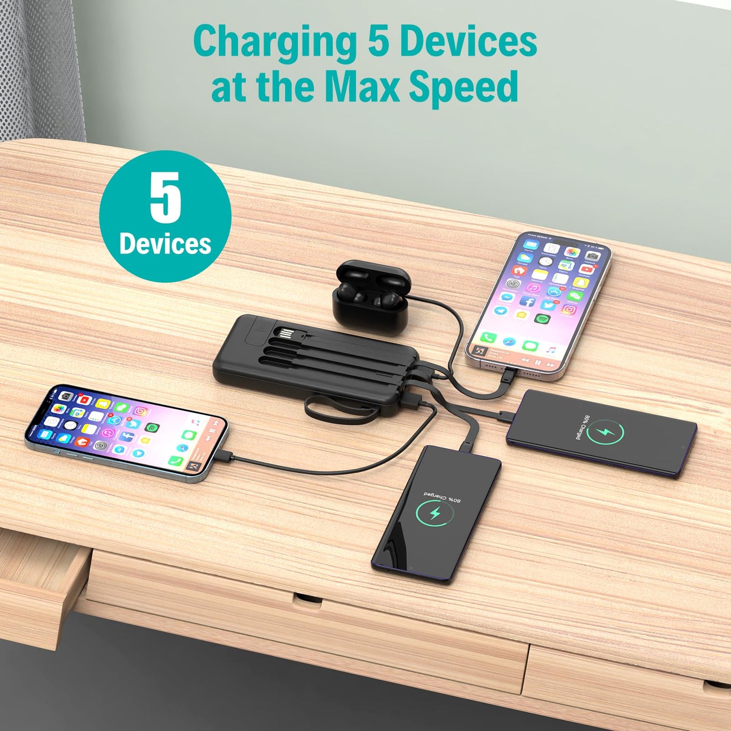 10000mAh Portable Charger with Built-in Cables