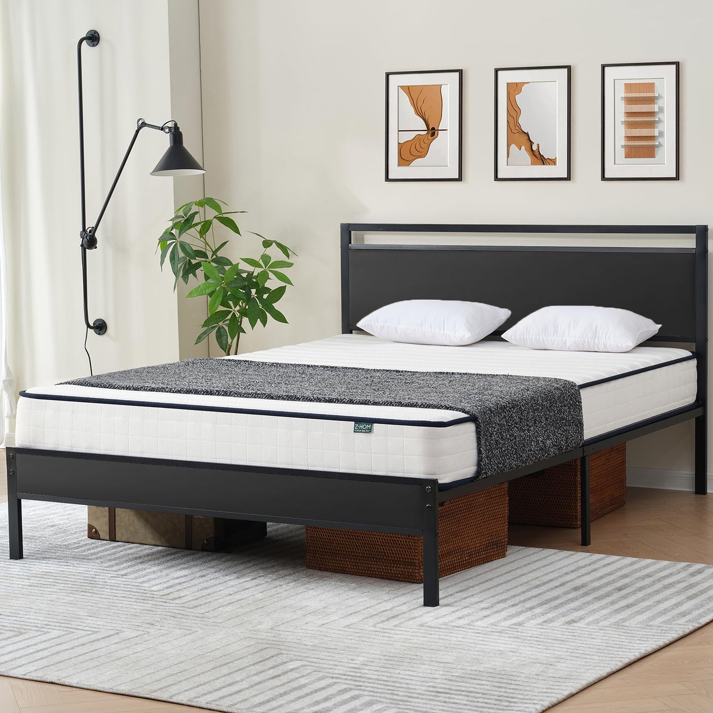 Twin Metal Bed Frame with Modern Wood Headboard