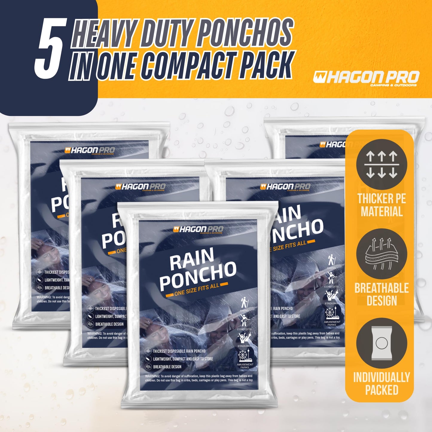 5 Pack Hagon PRO Disposable Rain Ponchos