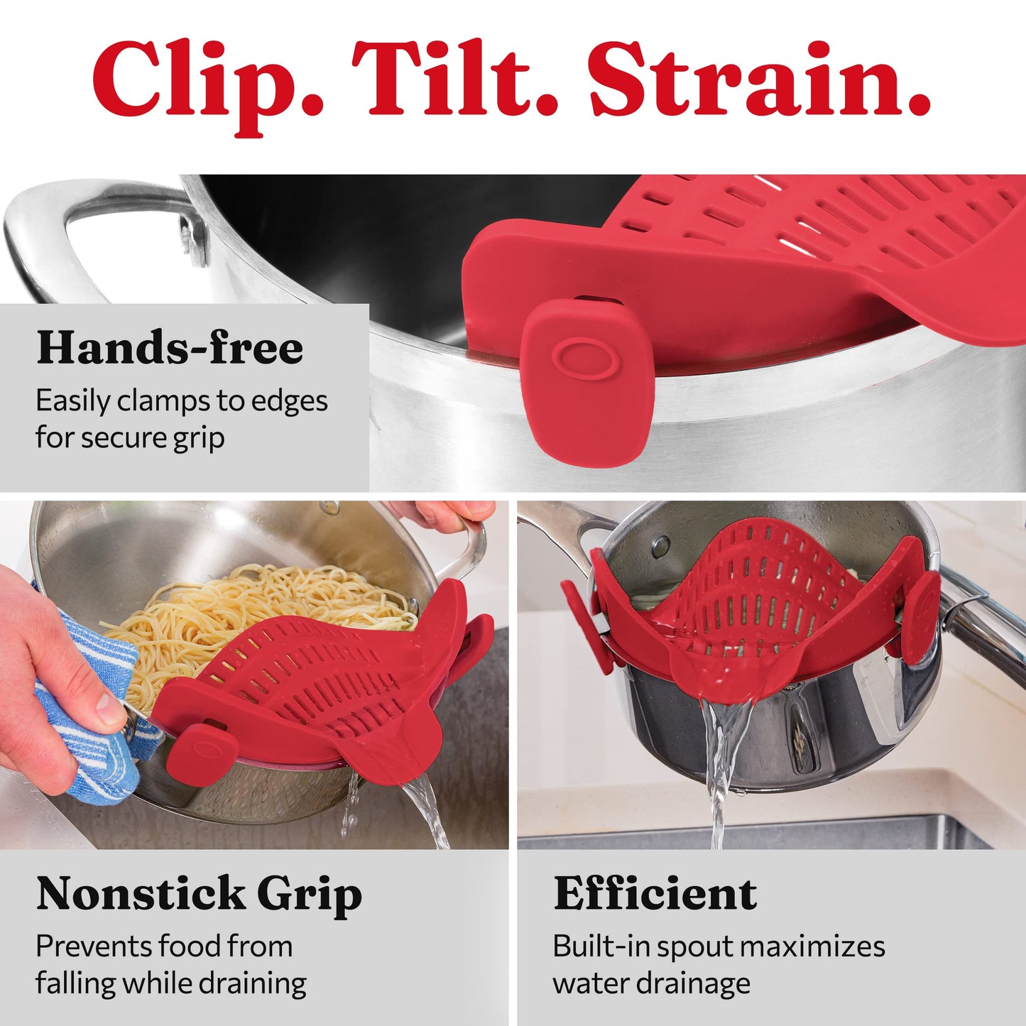 Kitchen Gizmo Snap N Strain Pot Strainer and Pasta Strainer - Adjustable Silicone Clip On Strainer for Pots, Pans, and Bowls - Kitchen Colander - Red Large