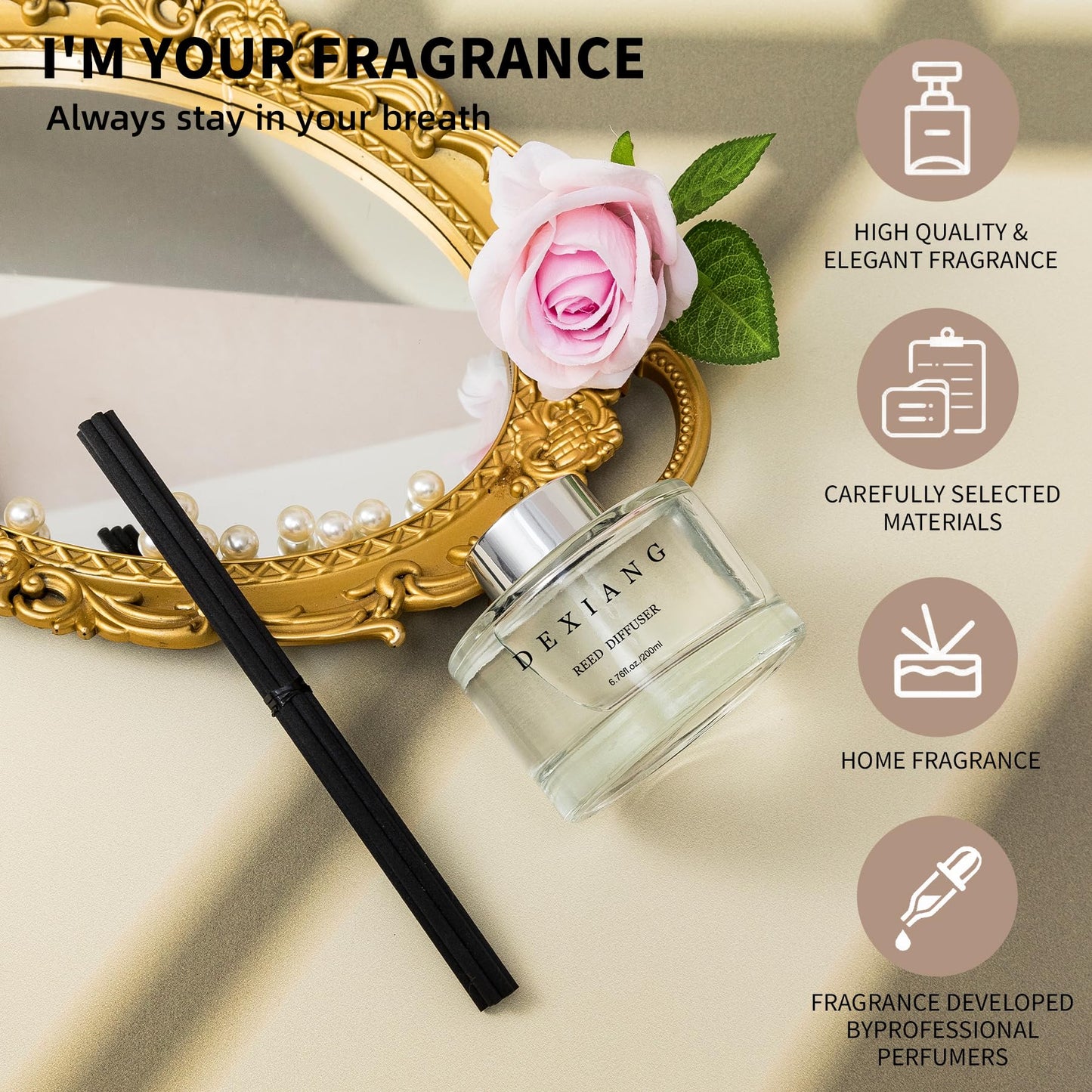 DEXAING Reed Diffuser Set, 6.7oz (200ml) Clean Linen Scent Diffuser with Rose Flower and Sticks Home perfumes Reed Diffuser Makes Great Bathroom Decor (White Floral Scent)