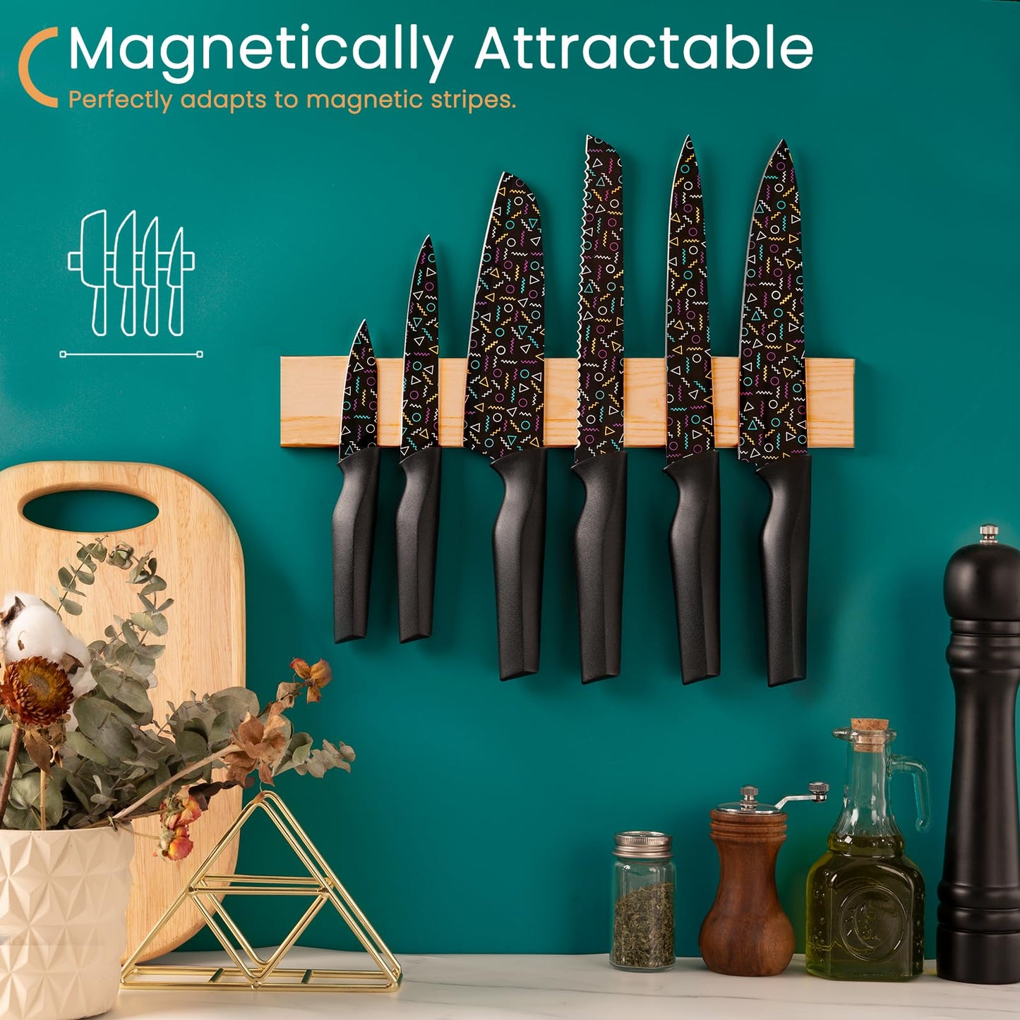 Astercook Knife Set, 12 Pcs Geometric Figure Kitchen Knife Set, 6 Anti-Rust Coating Stainless Steel Kitchen Knives with 6 Blade Guards, Dishwasher Safe