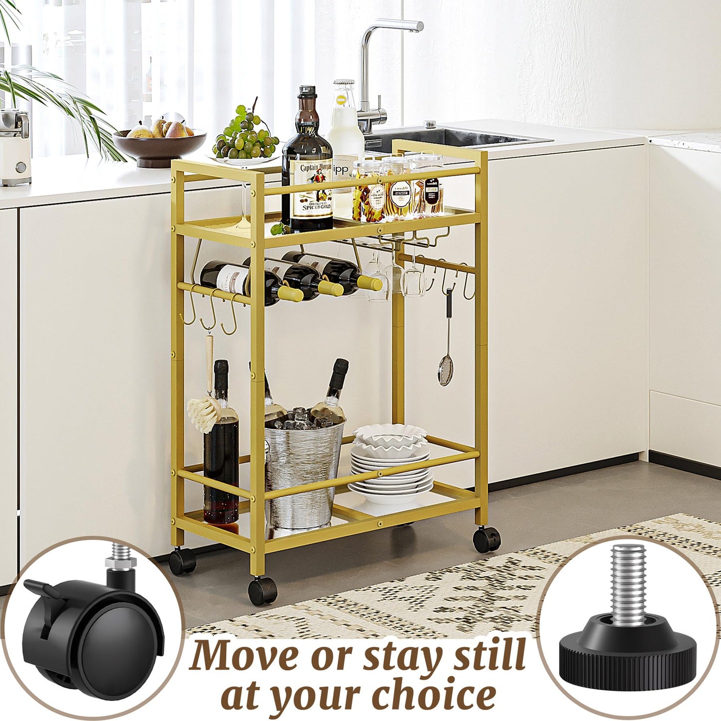 Gold Rolling Beverage Cart with Mirrored Shelves