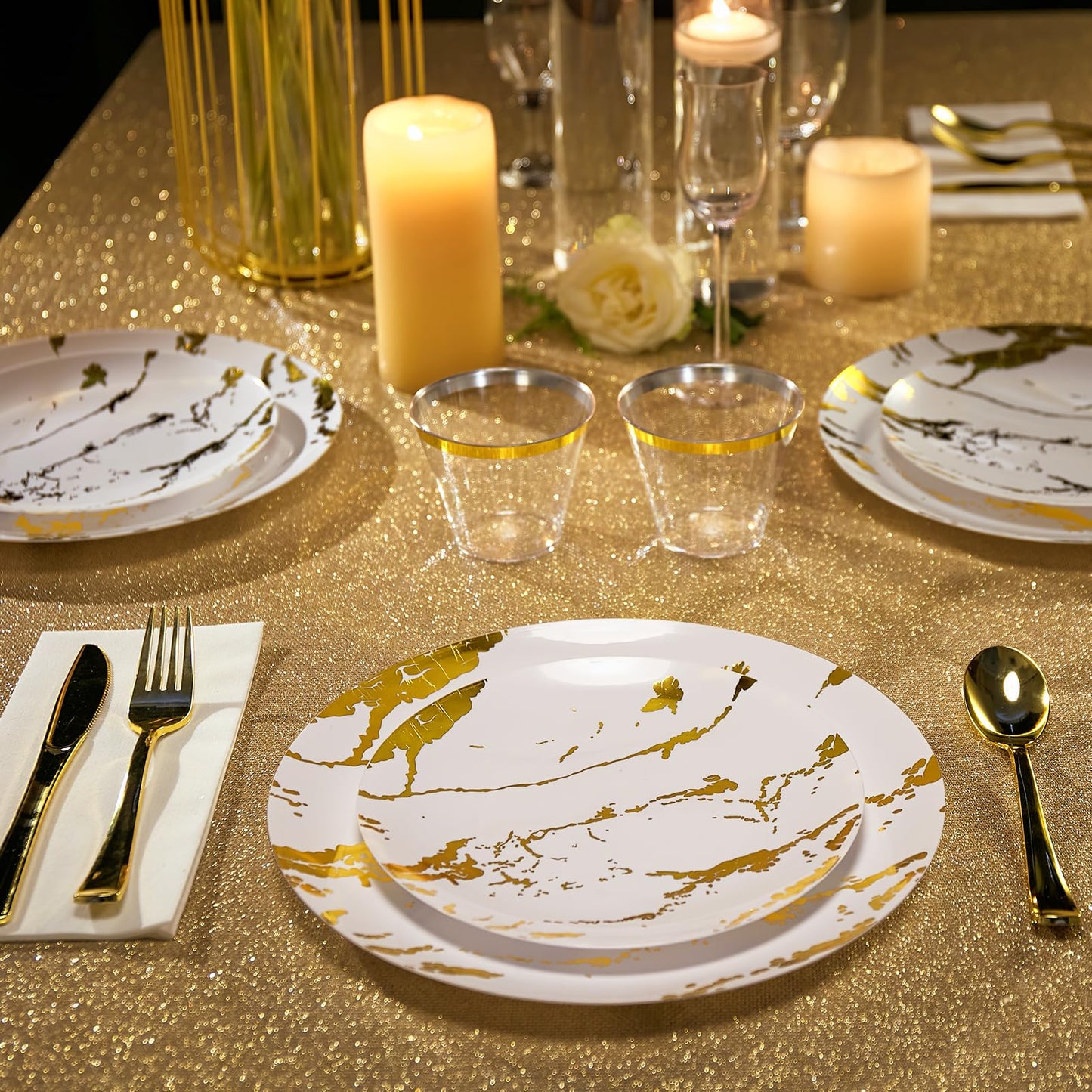 JOLLY PARTY 180PCS Disposable Dinnerware Set 30 Guest, 60 White and Gold Plastic Plates, 30 Plastic Silverware, 30 Plastic Cups, Marble Design Dinnerware for Wedding and Parties