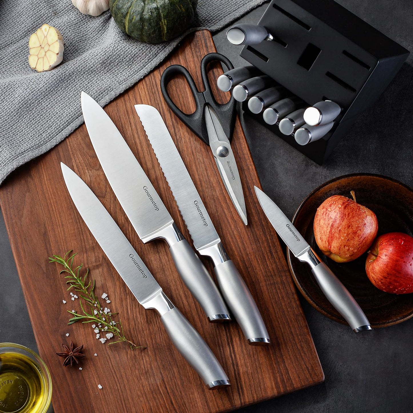 Gourmetop Knife Set, 20 Pcs Kitchen Knife Set with Block, Sharpener, Cutting Board & Essential Gadget. Sharp Stainless Steel Knives Set for Kitchen Cooking, Knife Block Set Dishwasher Safe