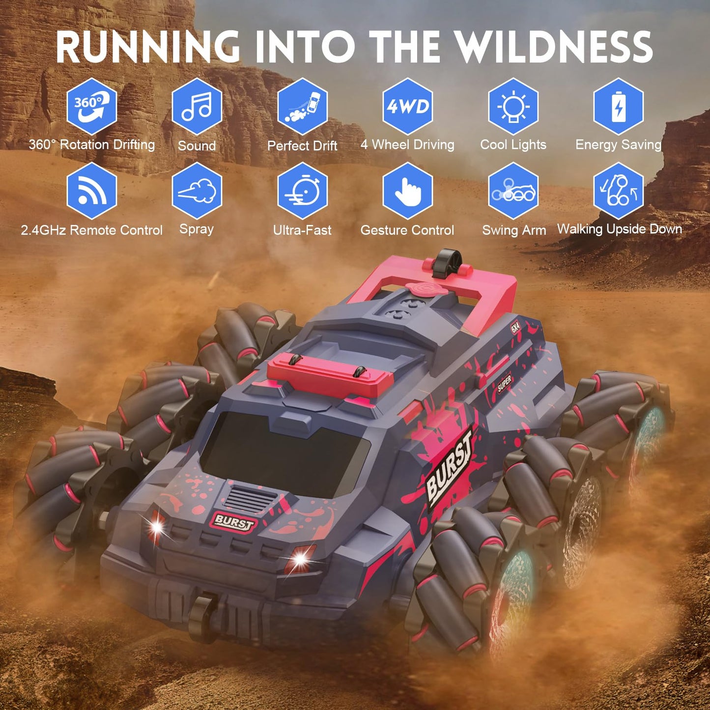 Remote Control Car for Kids, Gesture Sensing RC Stunt Car with Spray Fog Steam 2.4GHz 4WD Toy Cars 360° Rotation Drift Hand Controlled Remote Control Cars with Lights Music for 6-12 yr Boys Girls Red