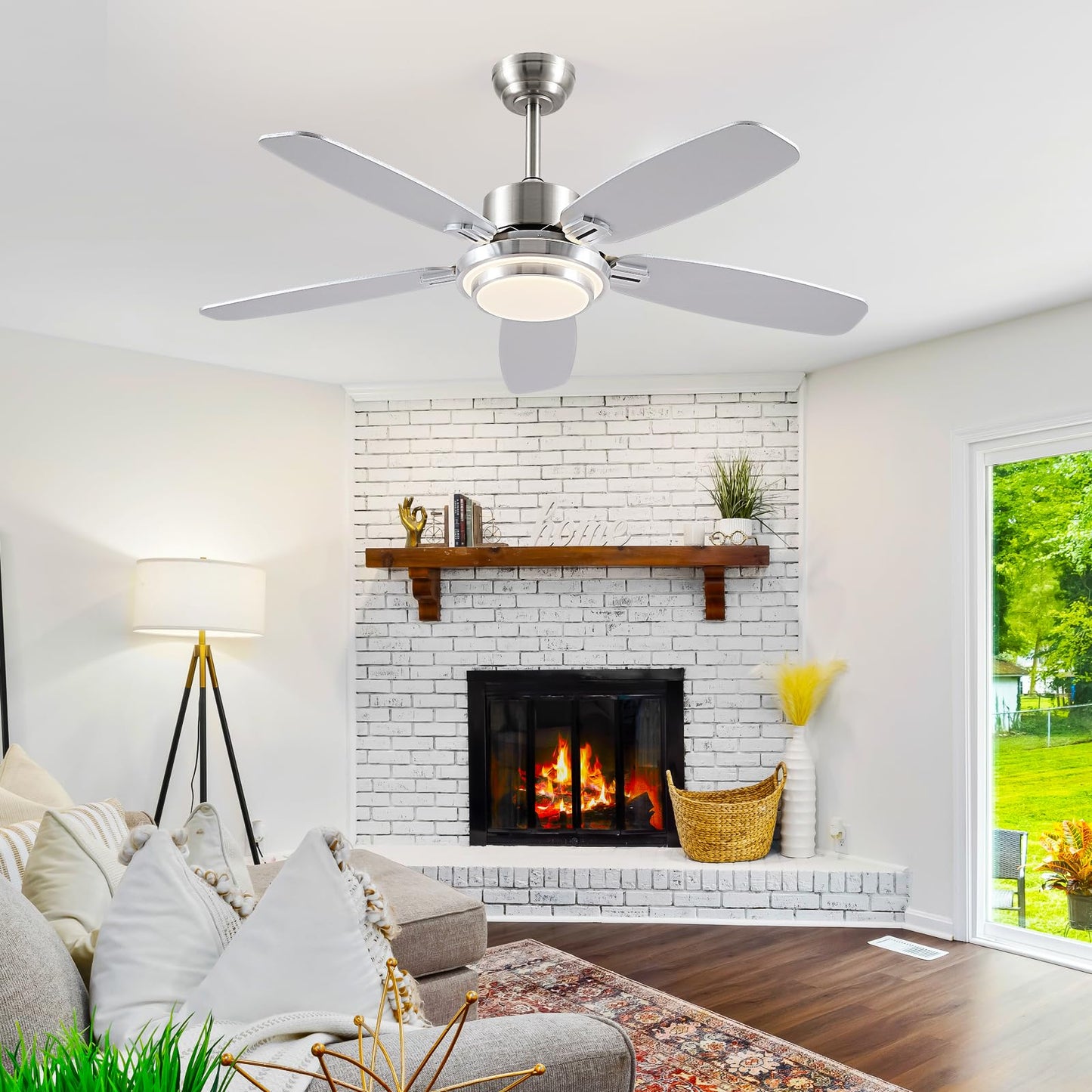 Ceiling Fan with Light and Remote/APP Control,50" Modern Indoor Ceiling Fan with DC Reversible Motor, Quiet 6 Speeds Flush Mount Ceiling fan Light for Bedroom,Dinnig Room,Brushed Nickel