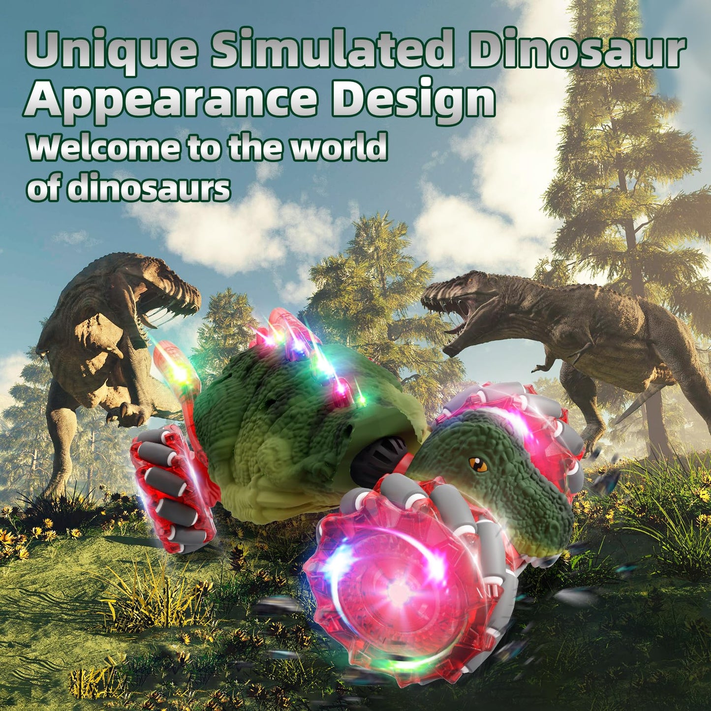 5 Dinosaur Remote Control Cars with Sounds & Lights