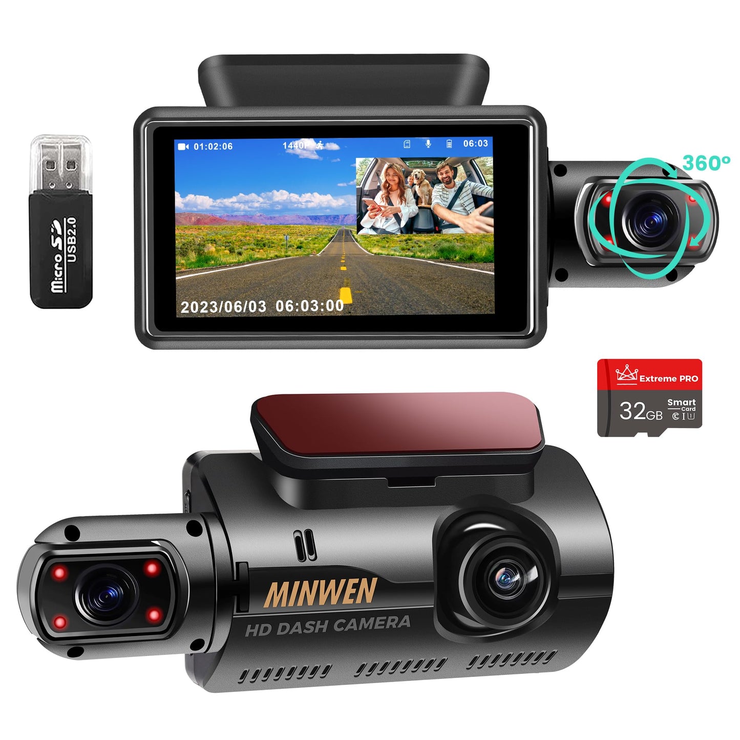 Dual Dash Camera 1440P Front + 720P Inside