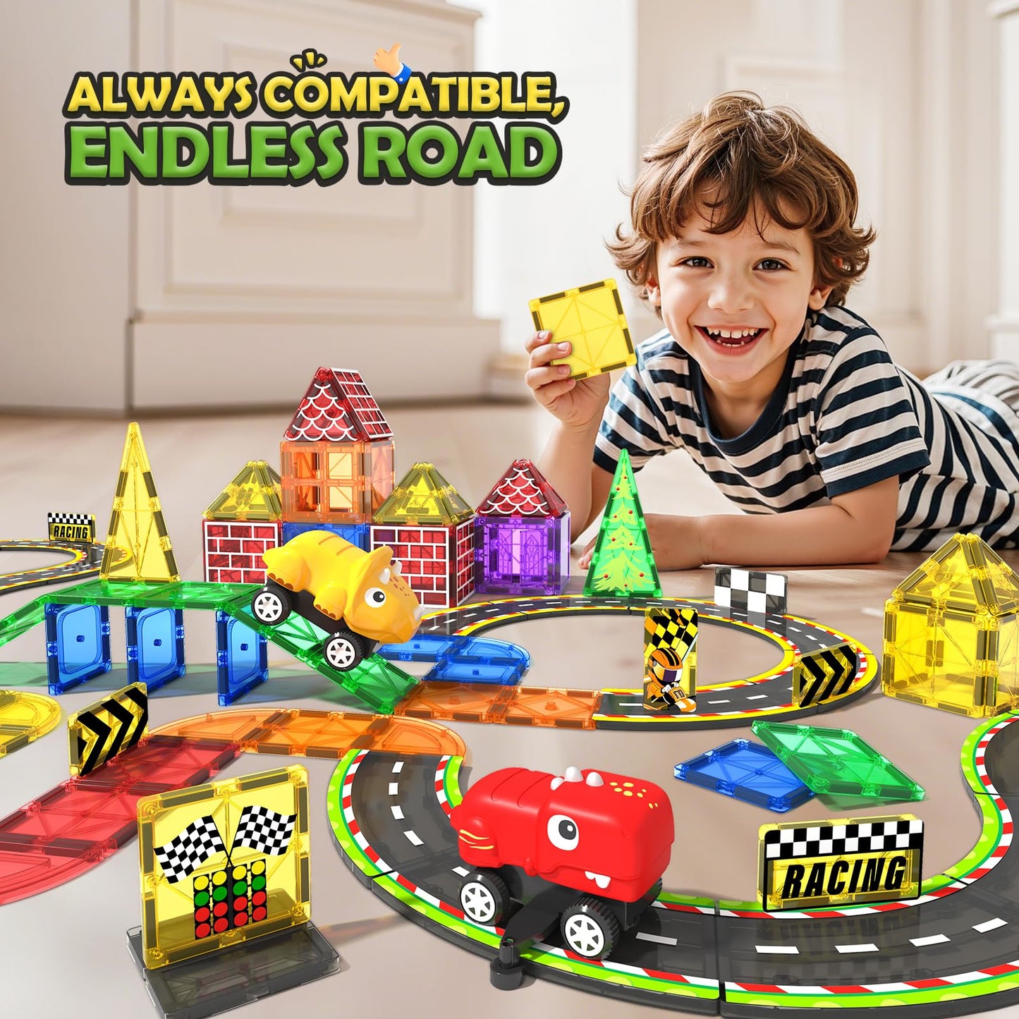 Dinosaur Magnetic Tiles with Race Track Cars