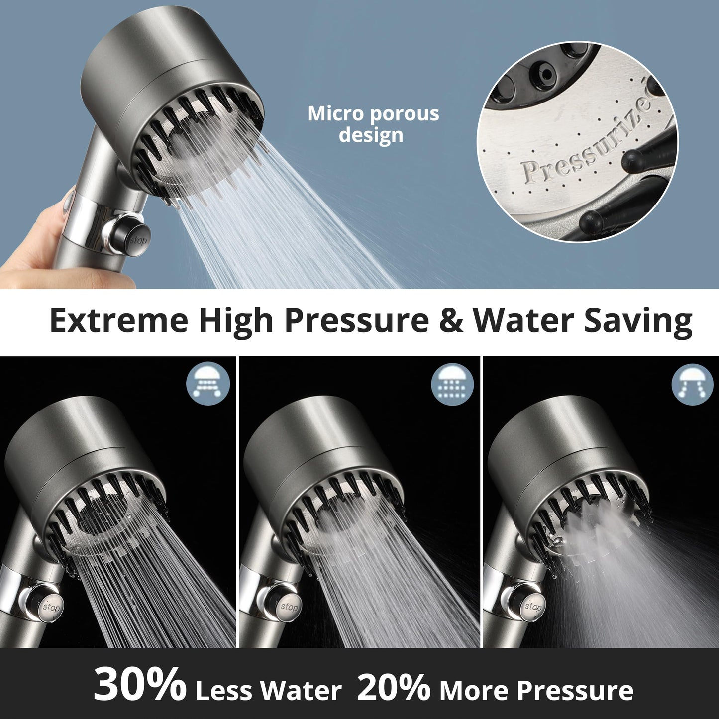Iopsk Fitered Shower Head with Handheld for Hard Water, High Pressure Handheld Shower Heads with On Off Switch, Showerhead with Long Hose(Gun Grey,2 Filters)